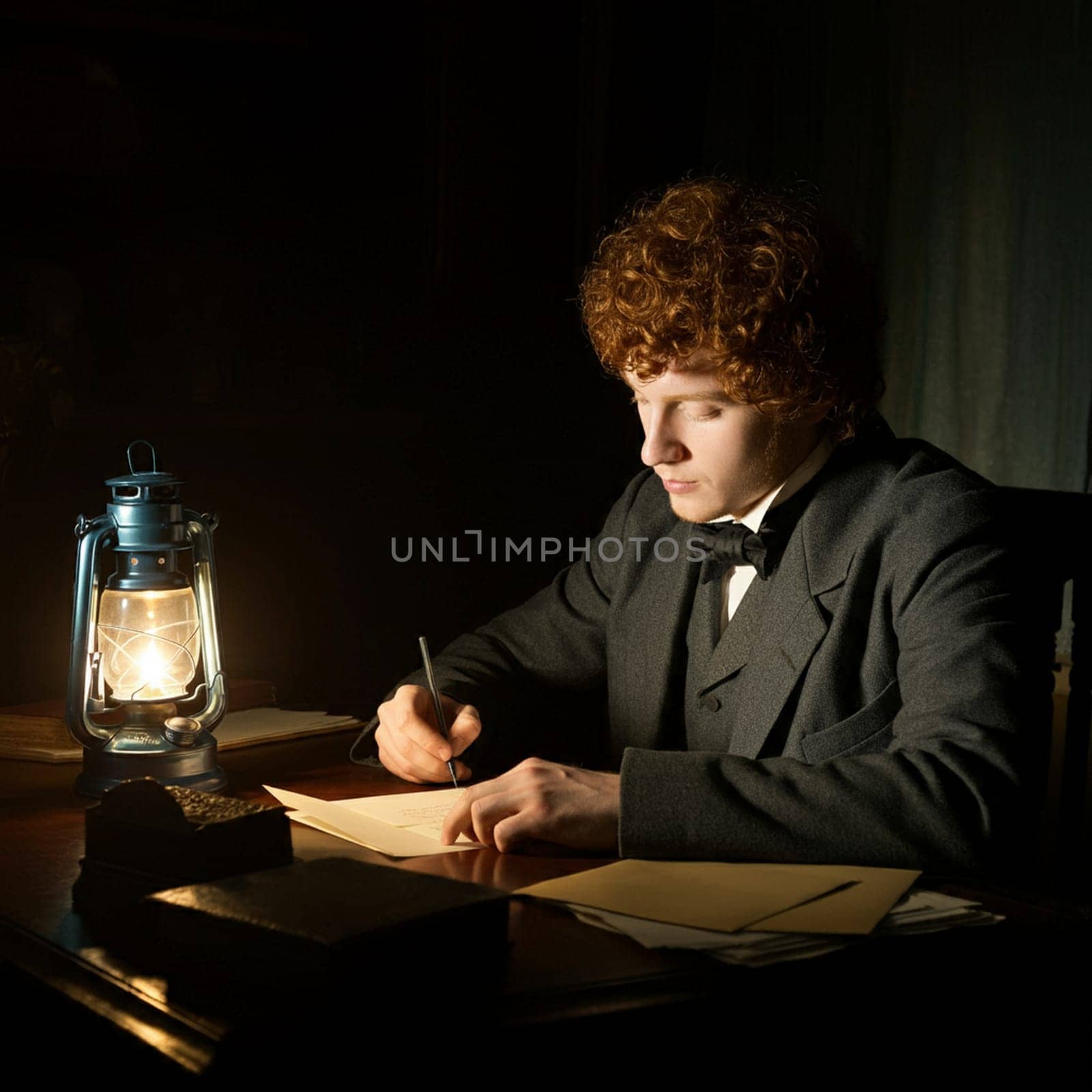 In the twilight of a vintage room, a young Victorian man sits at his desk, penning a letter with an antique ink pen. The atmosphere is rich with historical charm, evoking the classic elegance of a bygone era.