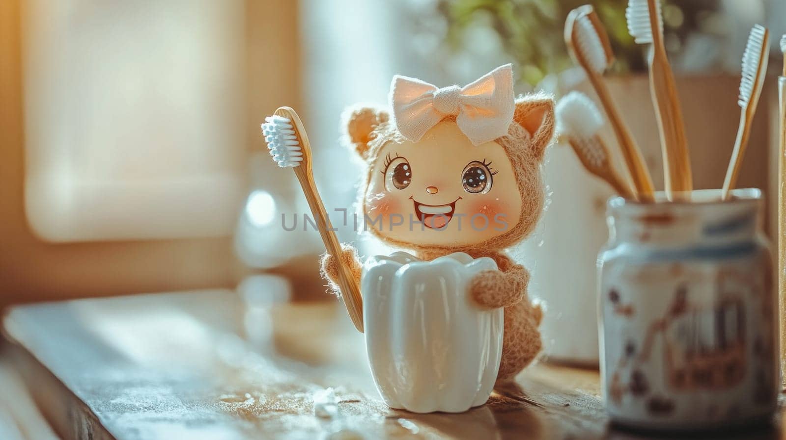 Cute smiling doll with bow holding toothbrush in hand and tooth-shaped brush holder