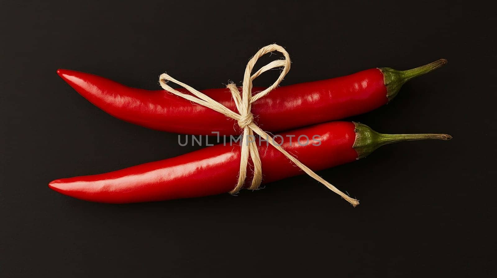Two red chili peppers tied together with a wick, with a playful hint of fiery pungency, on a dark background