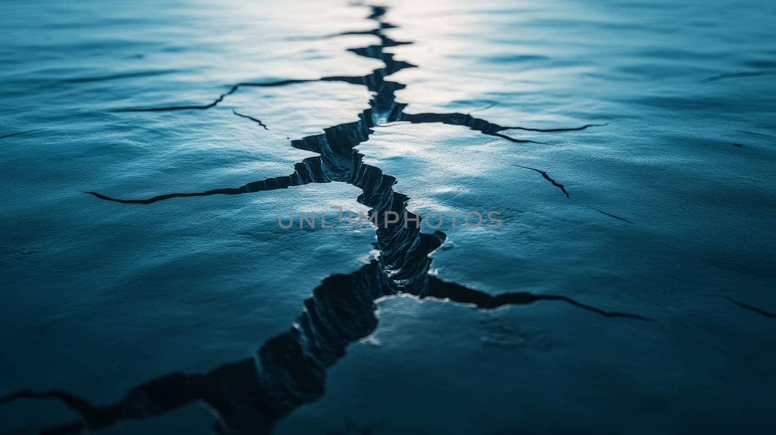 A crack in the water is shown. The crack is deep and wide. The water is blue