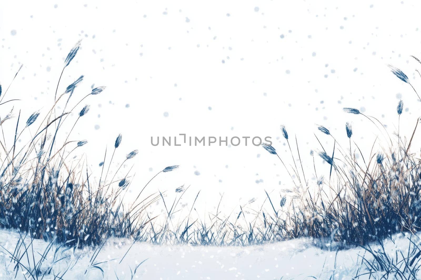 A peaceful winter scene featuring snow-covered grasses and gently falling snowflakes, capturing the essence of a tranquil countryside.