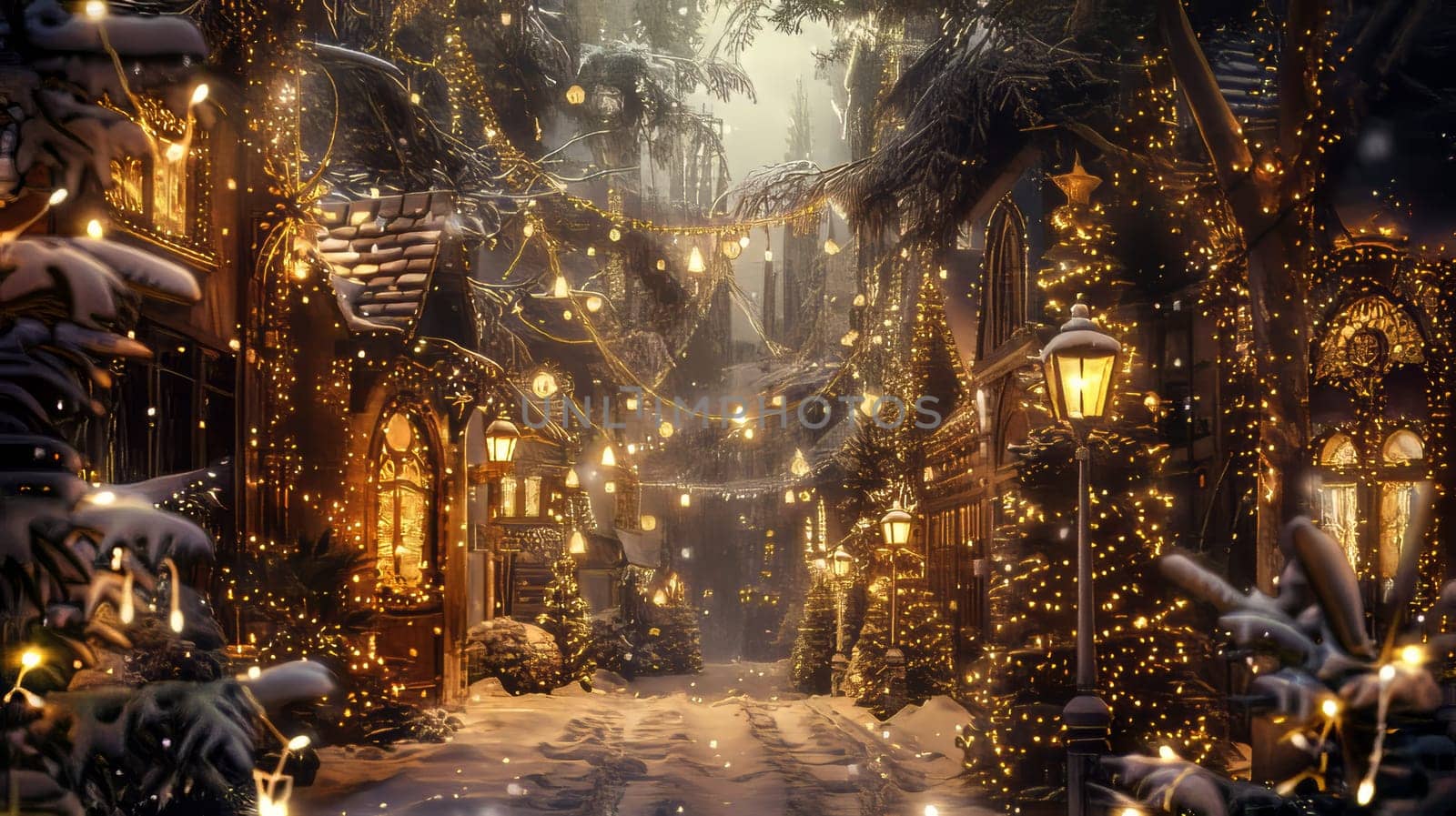 A street with Christmas lights and trees. There are two street lamps on the right side of the street