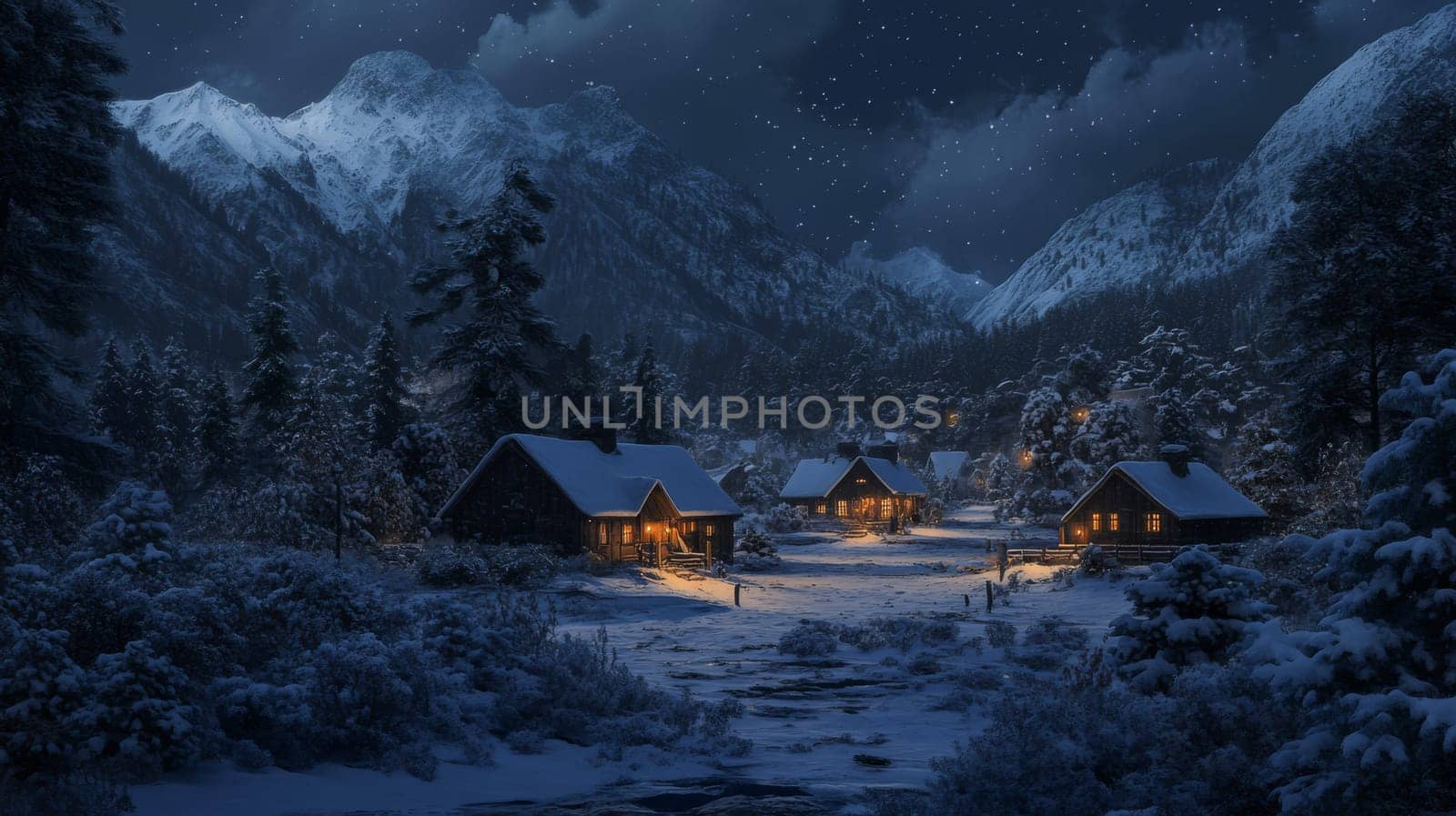 Charming winter scene of illuminated cabins nestled in a snowy mountain valley under a starry sky.