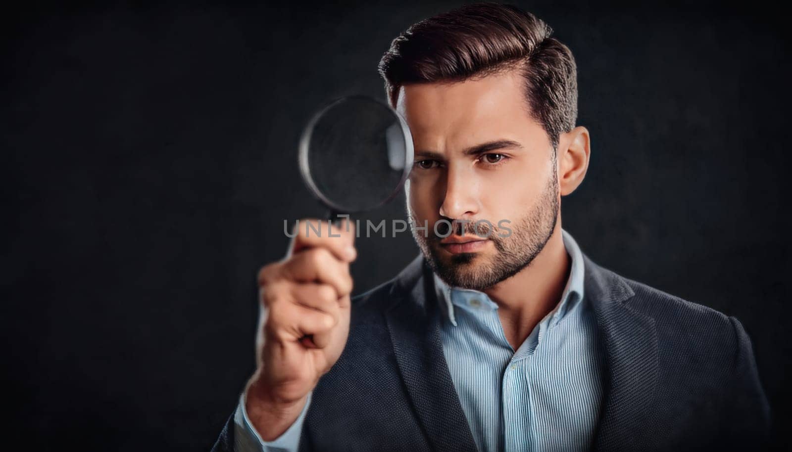 Businessman looking through a magnifying glass with a pensive emotion against a dark background. Investigation, scrutiny, and analysis concepts