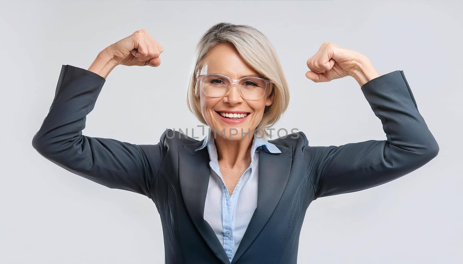 Confident middle aged business woman flexing arms muscles imagine super power. Confident female show her strength with a positive smile on face