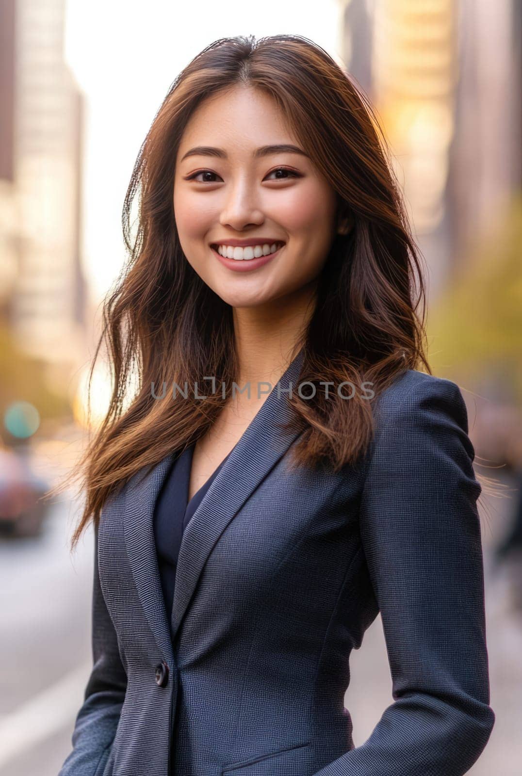 Beautiful young smiling Asian businesswoman in grey suit. Confident female business manager looking into camera in big city downtown.
