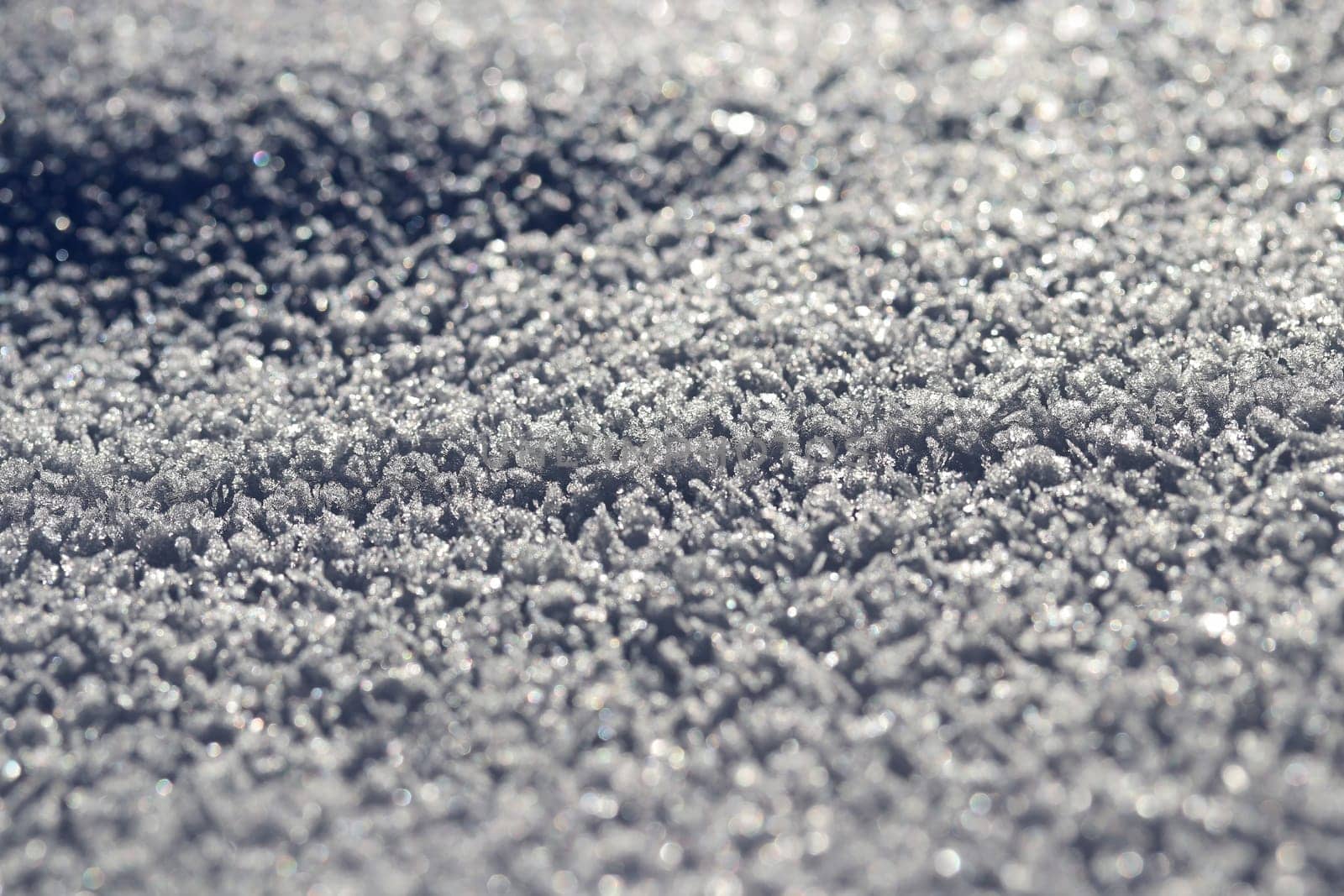 Close-up of snowflakes and ice crystals on the ground