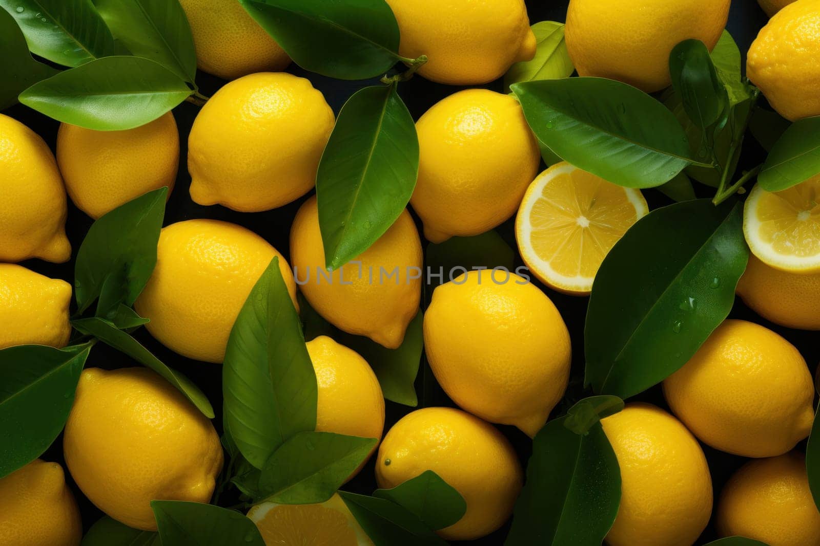 Ripe juicy lemons with leaves template. Yellow citrus fruits, solid background. Healthy organic food