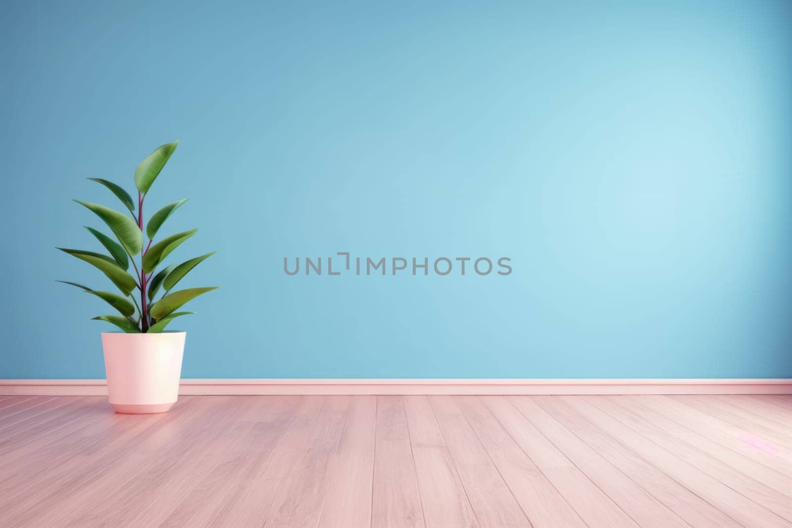 Delicate blue matte paint on the wall and wooden floor. Simple wall and floor background with potted plants, mockup