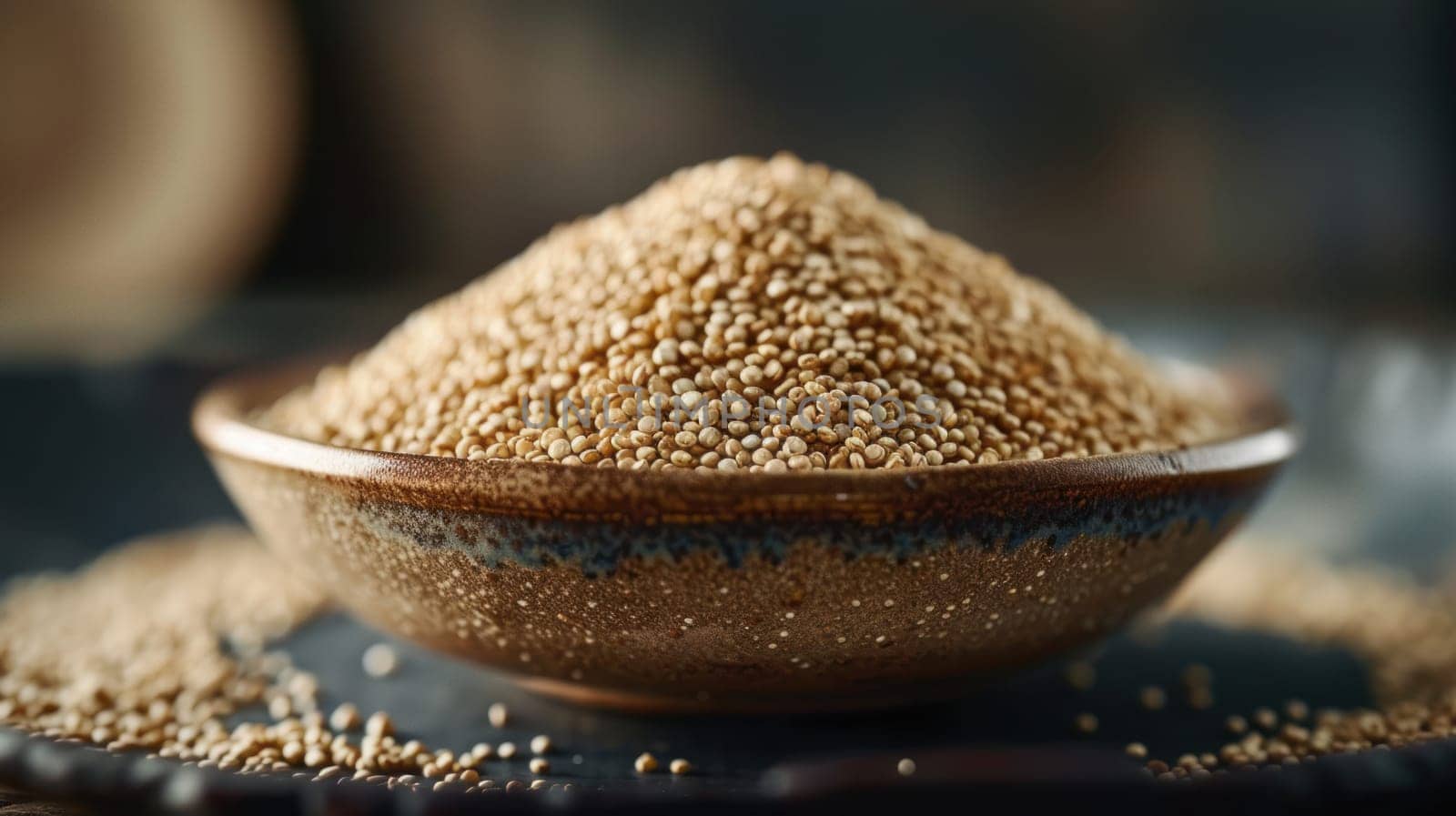 Quinoa grains in clay plate. Healthy organic food. Plant based protein products for human nutrition