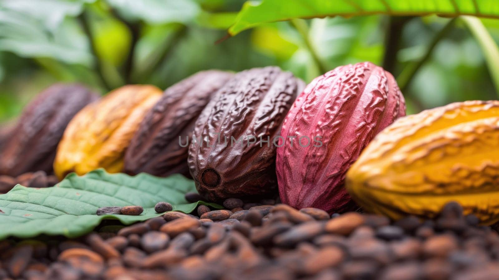 Cocoa beans of varying degrees of maturity. Background with beans for chocolate production. Healthy organically grown food