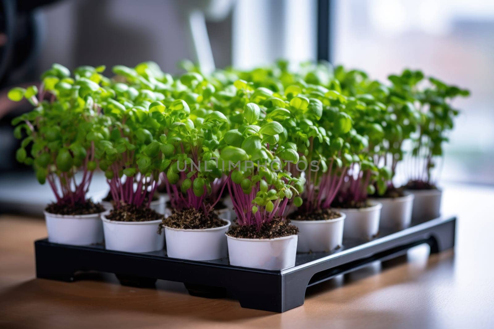 Microgreens. Young green plants grown in trays. Healthy organic food. Plant food, vegan products