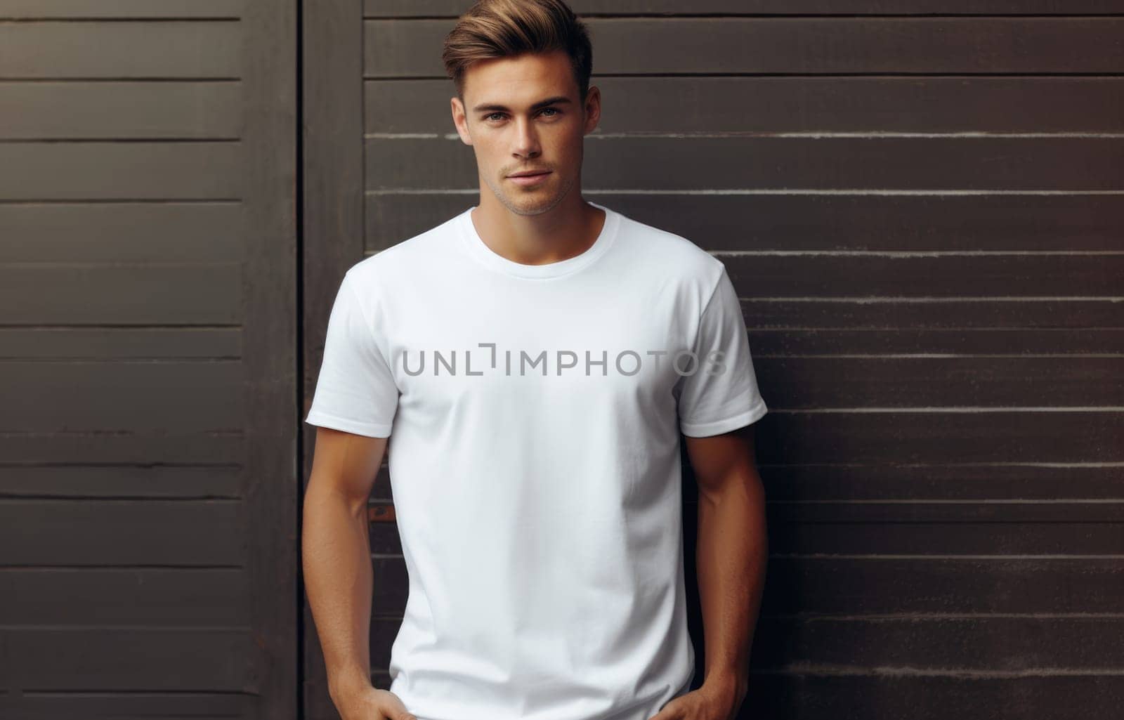 Cute young guy with white T-shirt mockup. Abstract male image on wooden background