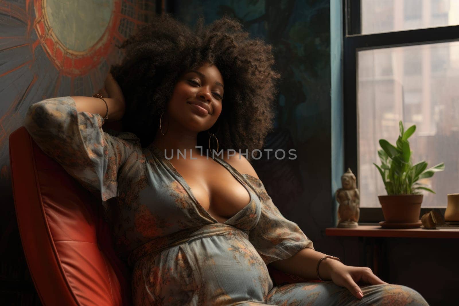 Dark skinned woman is happy in pregnancy. Middle aged woman with pregnant belly lies on sofa. Rest and relaxation of woman while expecting child