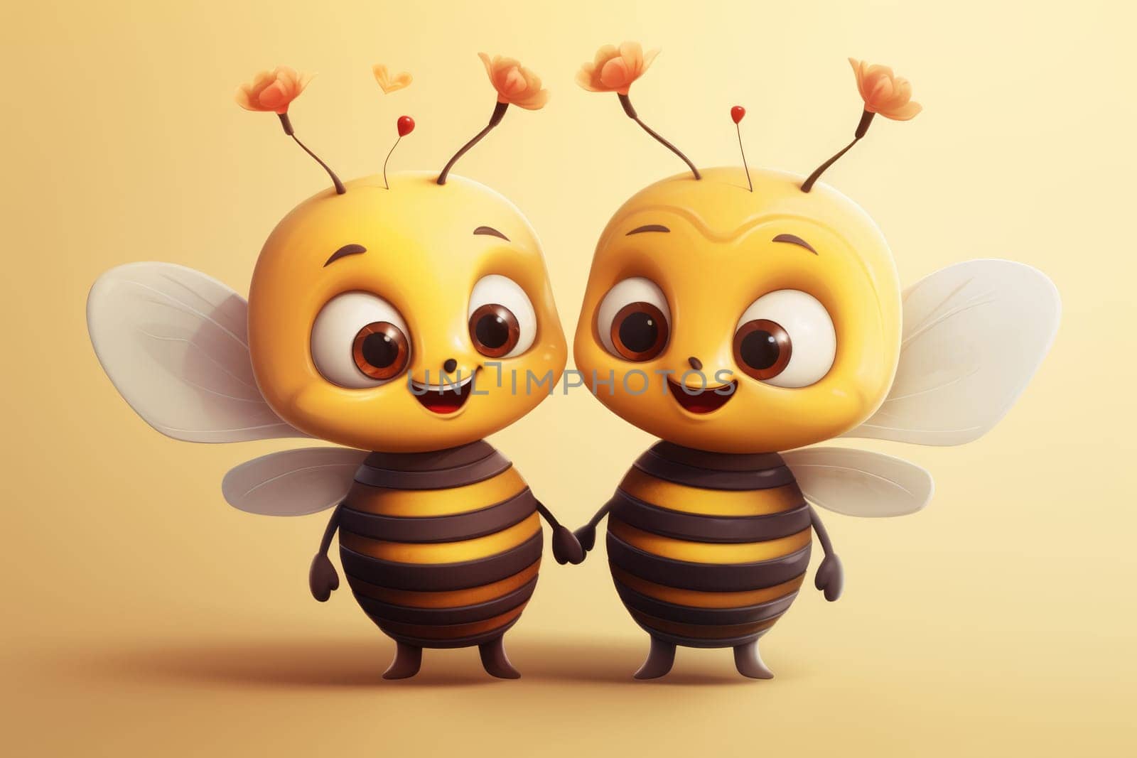 Cute love bees holding hands. Love concept. Cute baby characters with hearts