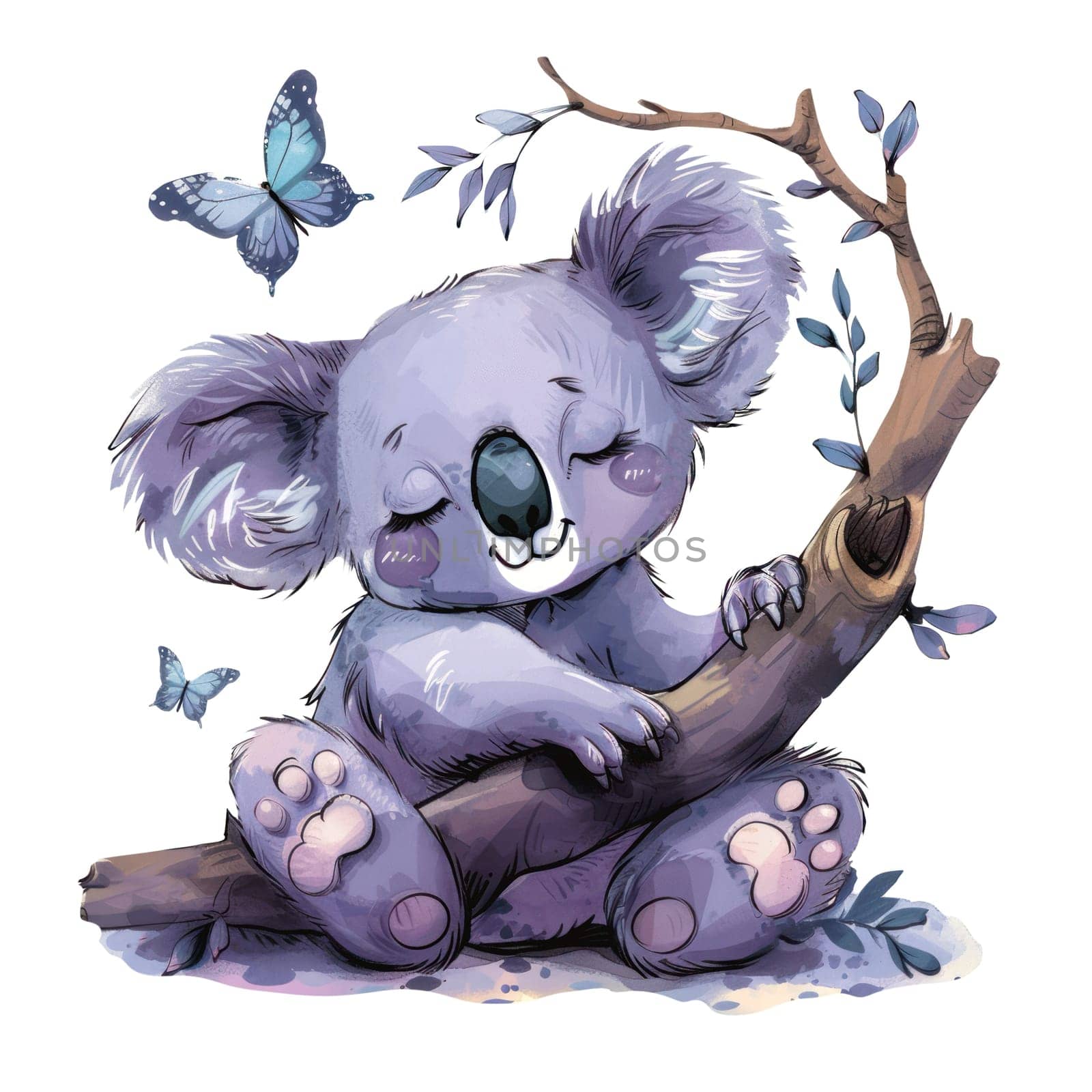Cute lavender bear watercolor baby character. Illustration of cute animal panda with butterfly clip art