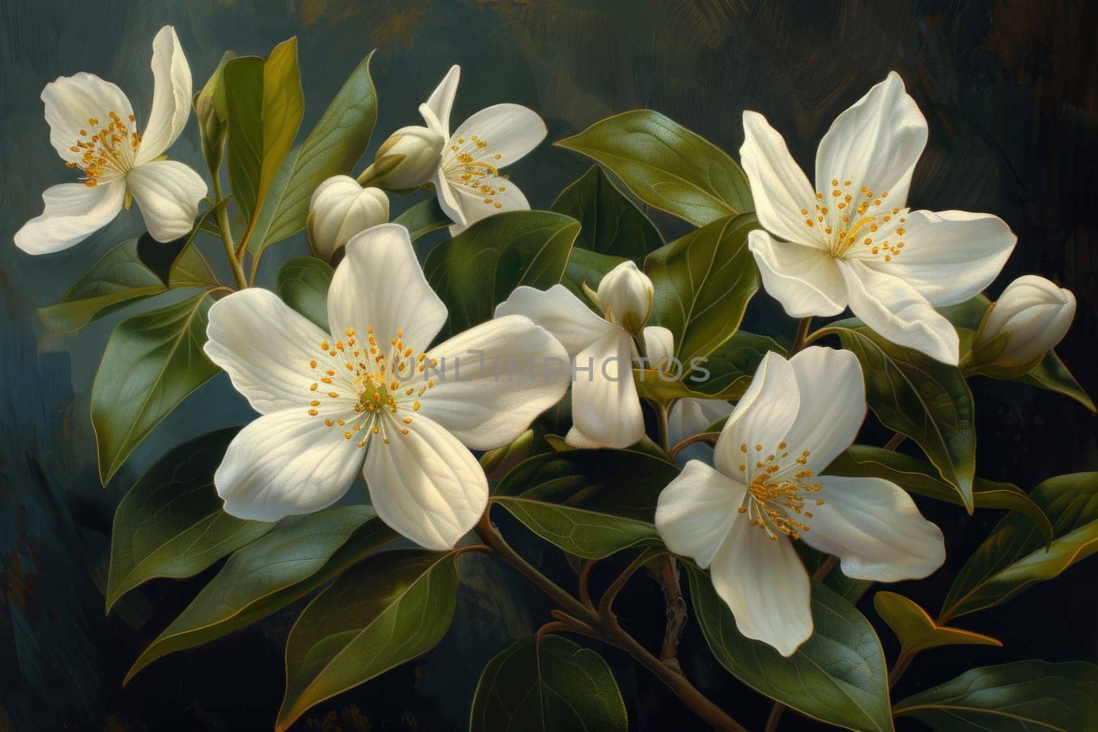 Delicate beautiful flowers in foliage illustration. Beauty in nature, tree blossom. Spring time, buds opening