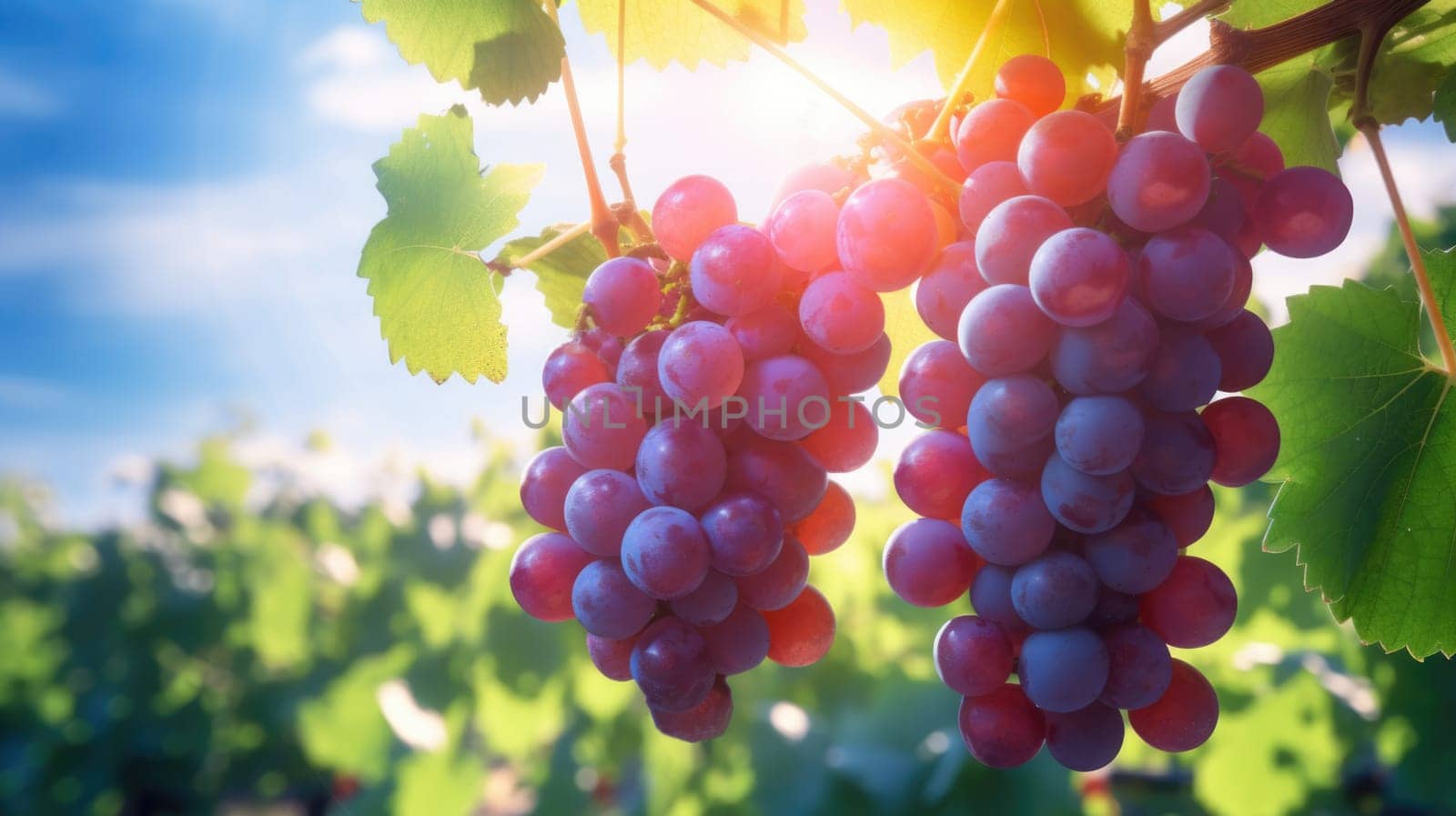 Red grape variety hangs on branches in the rays of the sun. Vineyard plantation on clear summer day. Growing wine grapes