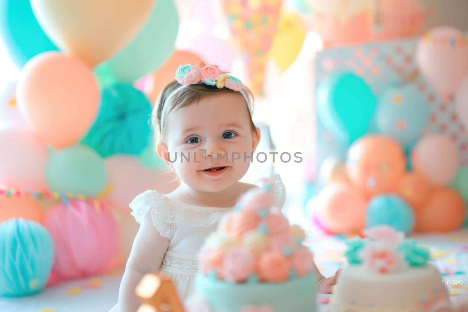 Little girl in cute white dress and at birthday party. Cute baby celebrating his first birthday. Girl surrounded by festive decor - balloons, tinsel and cake