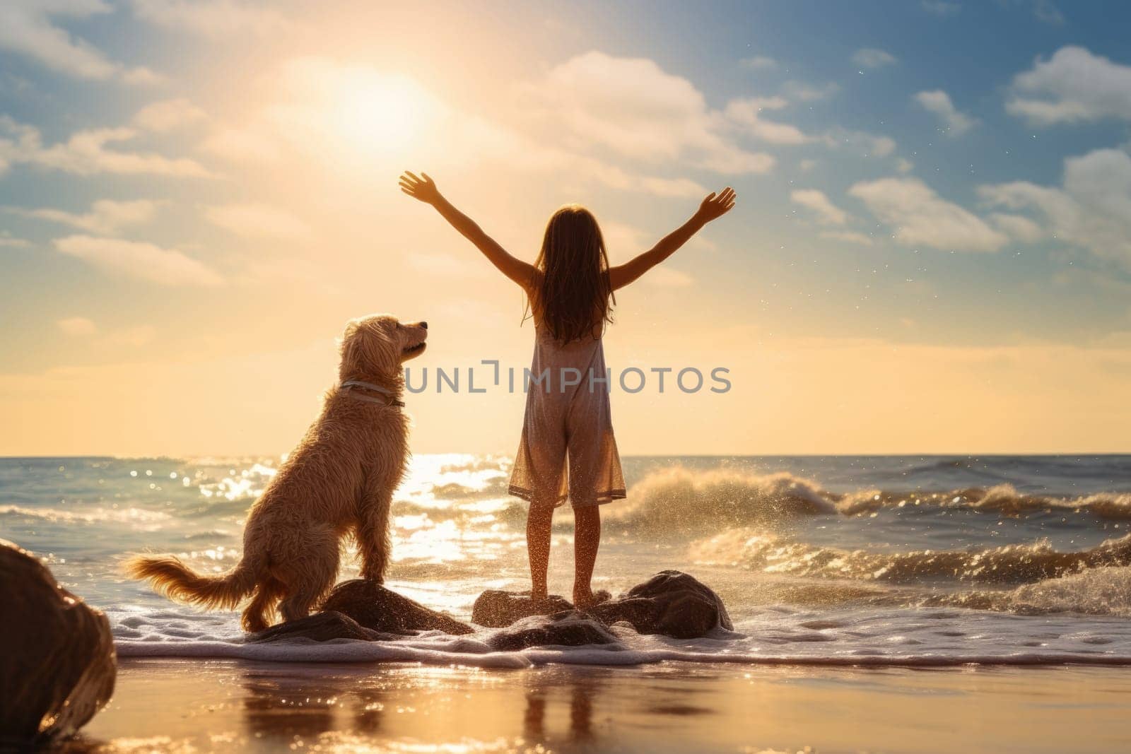 Girl at sunset stands with her arms outstretched, next to her is dog. Walking with your pet on the seashore