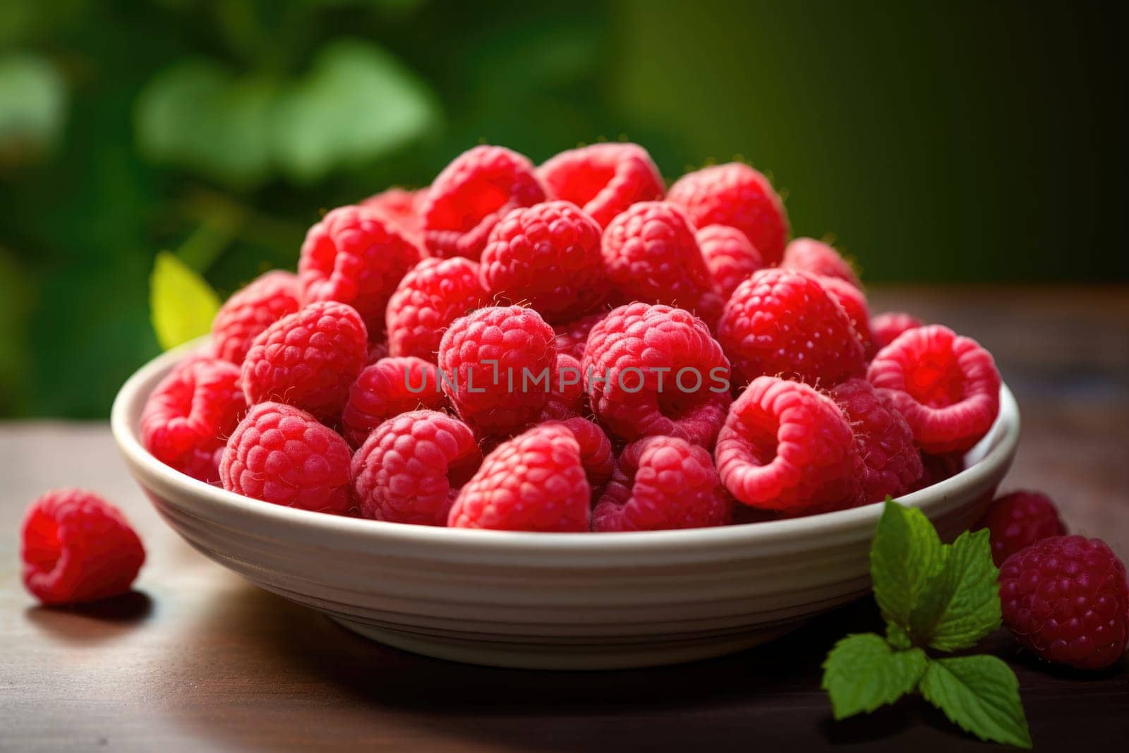 Ripe juicy fresh raspberries on plate, decorated with mint leaf. Berry harvest. Healthy organic food, dessert