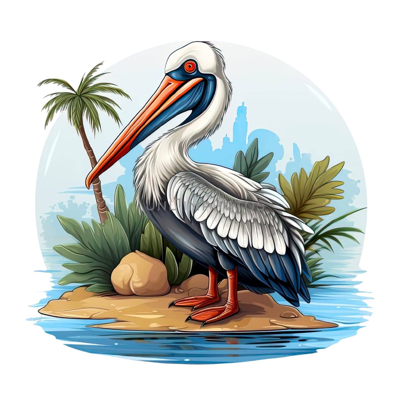 Pelican bird on a tropical island with palm trees. Sticker cute character. Beach holiday and vacation illustration clip art