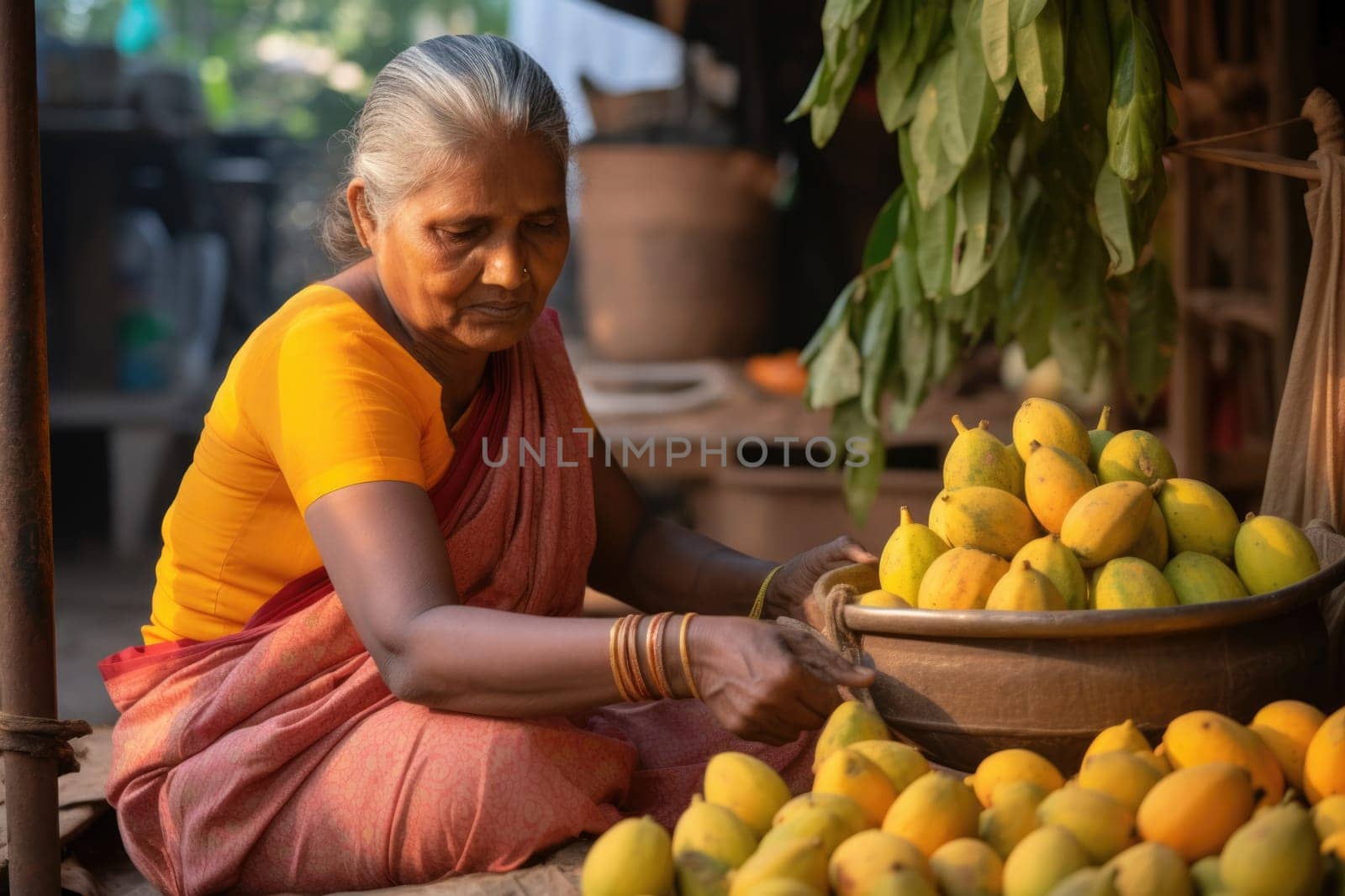 An older Asian woman puts mangoes in basket. An Indian woman picks through ripe juicy mangoes. Household, traditional way of life
