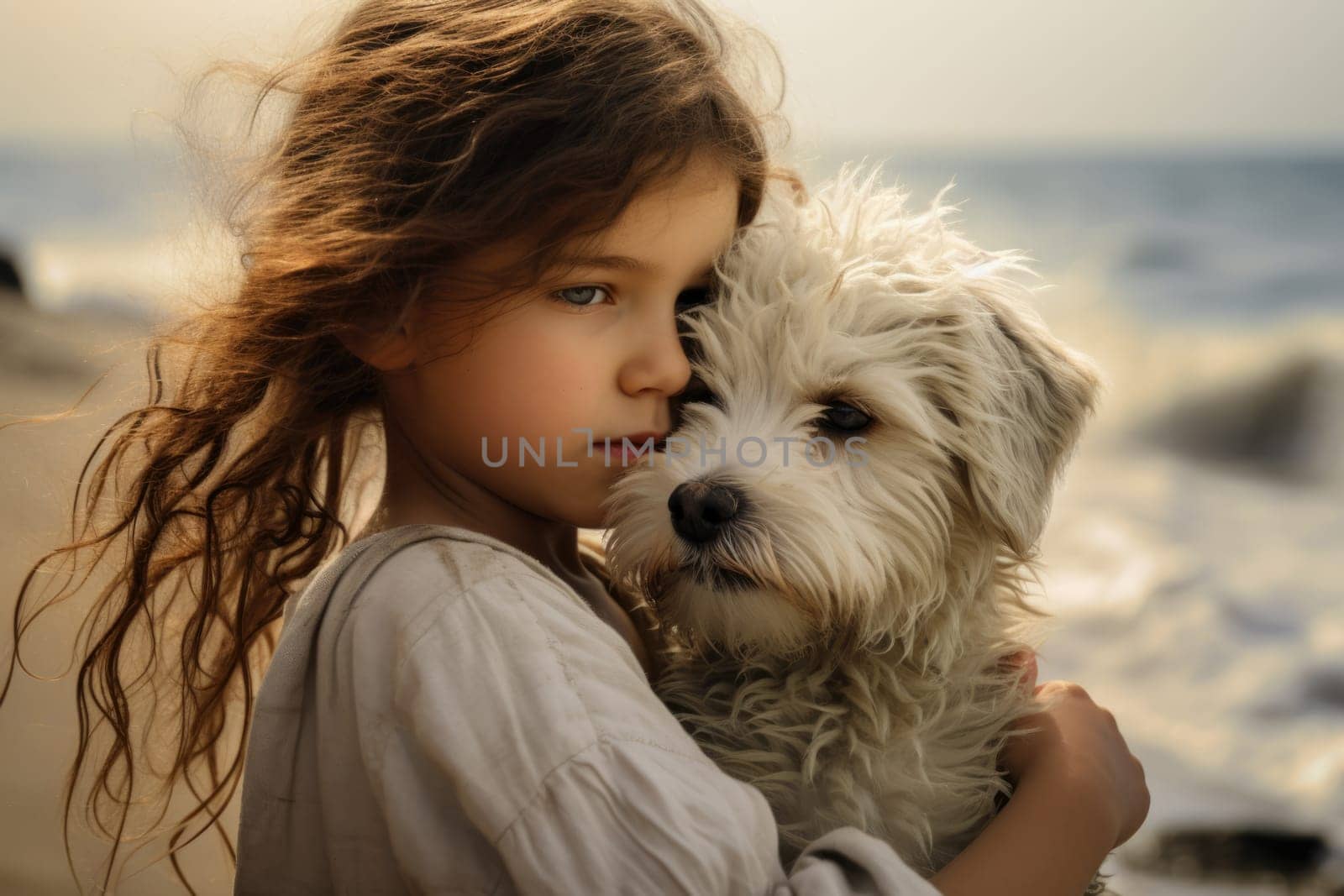 The girl hugs the dog. A girl with pet on a walk on the seashore