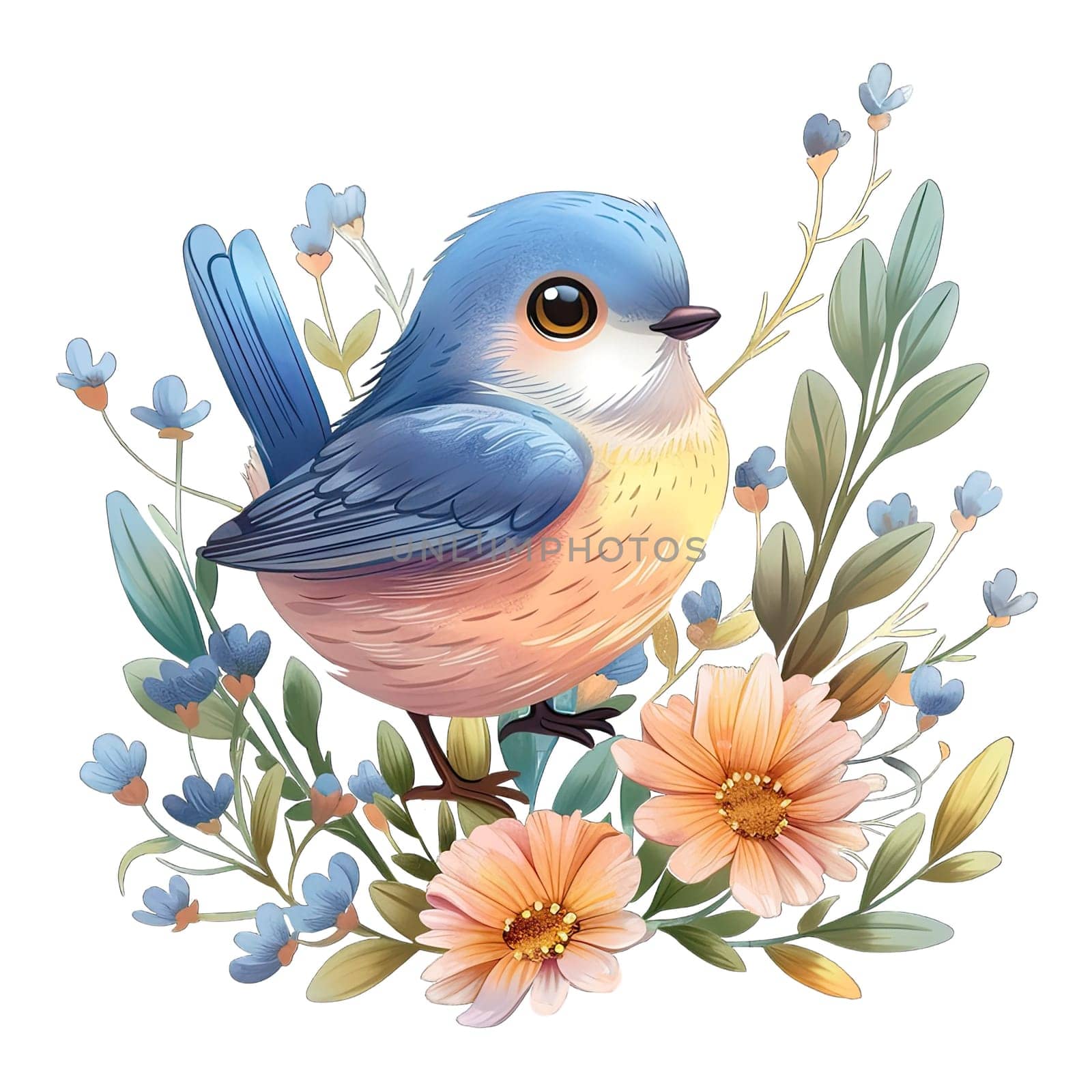 Bird in flowers clip art illustration. Cute funny feathered character in spring flowers, foliage and herbs