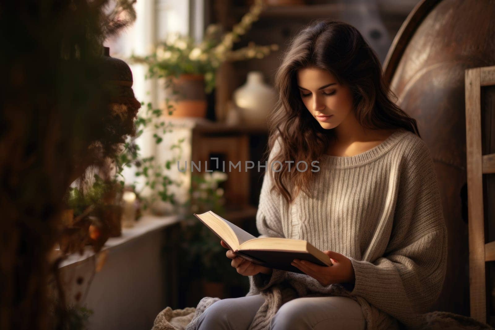 Young beautiful woman reading book in the apartment. Cozy home interior, woman in knitted sweater resting with book in her hands