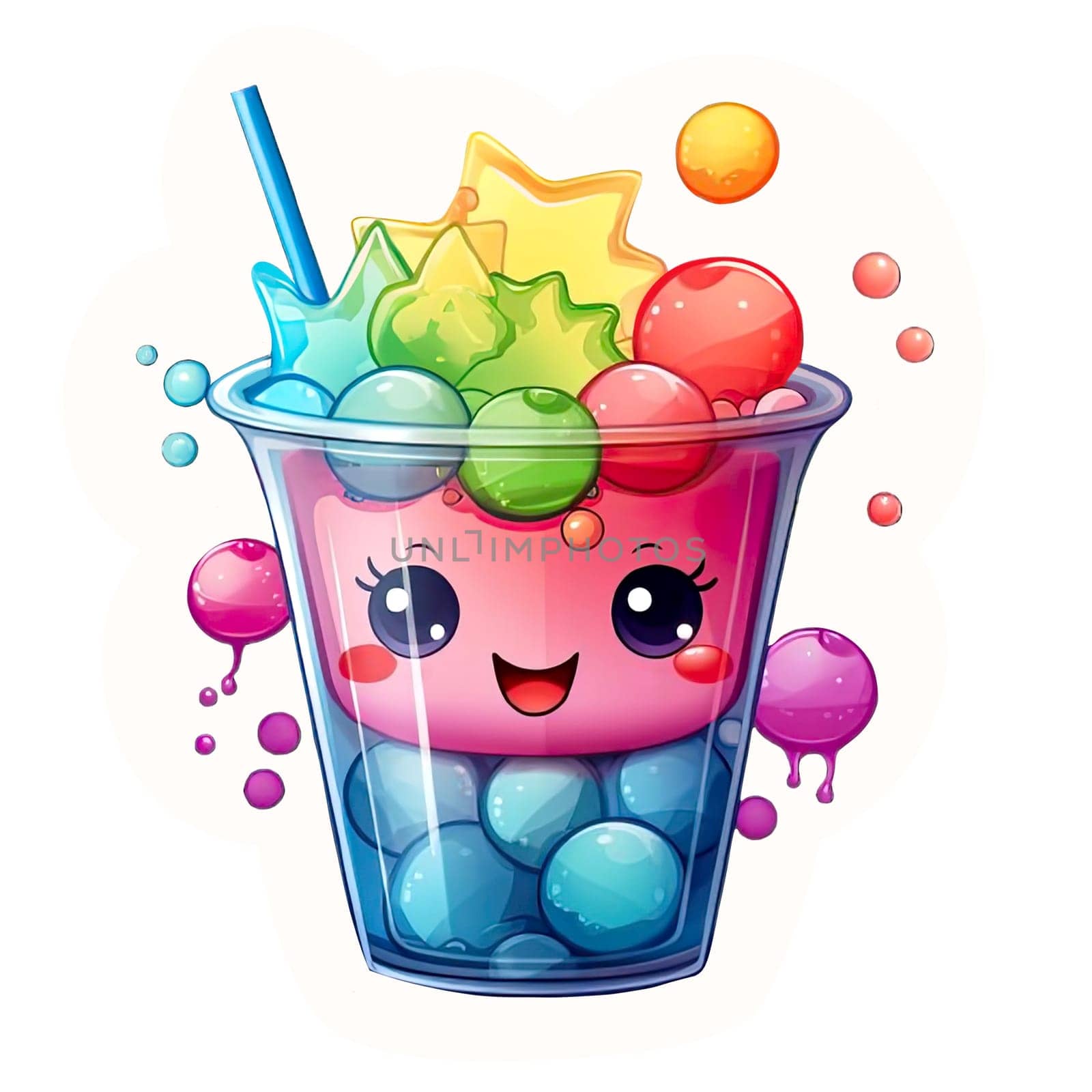 Kawaii bubble tee sticker. Illustration of cute glass with cool drink, drinking straw and colored balls