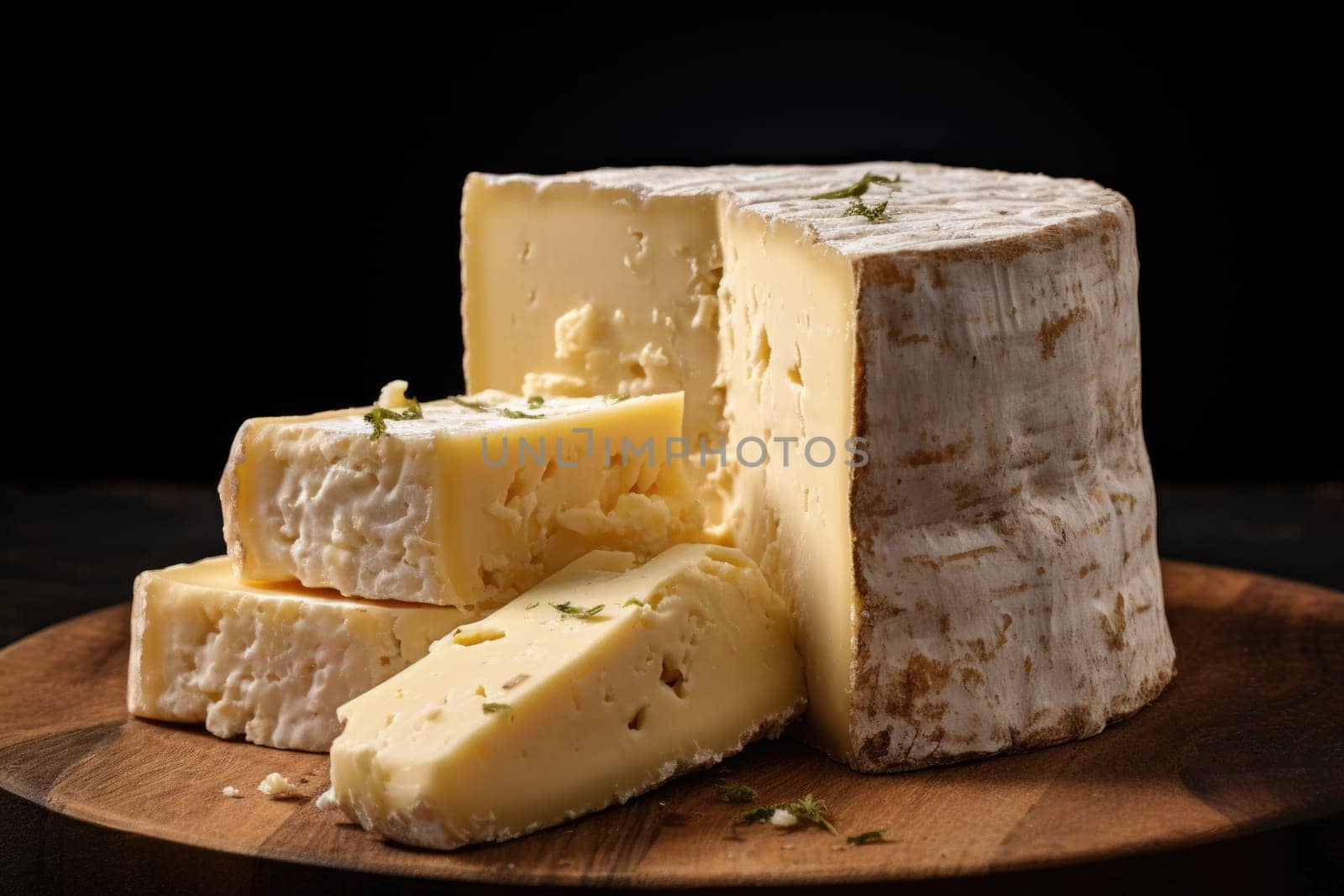 Head of cut cheese with white mold. Soft cheese with holes lies on wooden board. Dairy product for gourmets