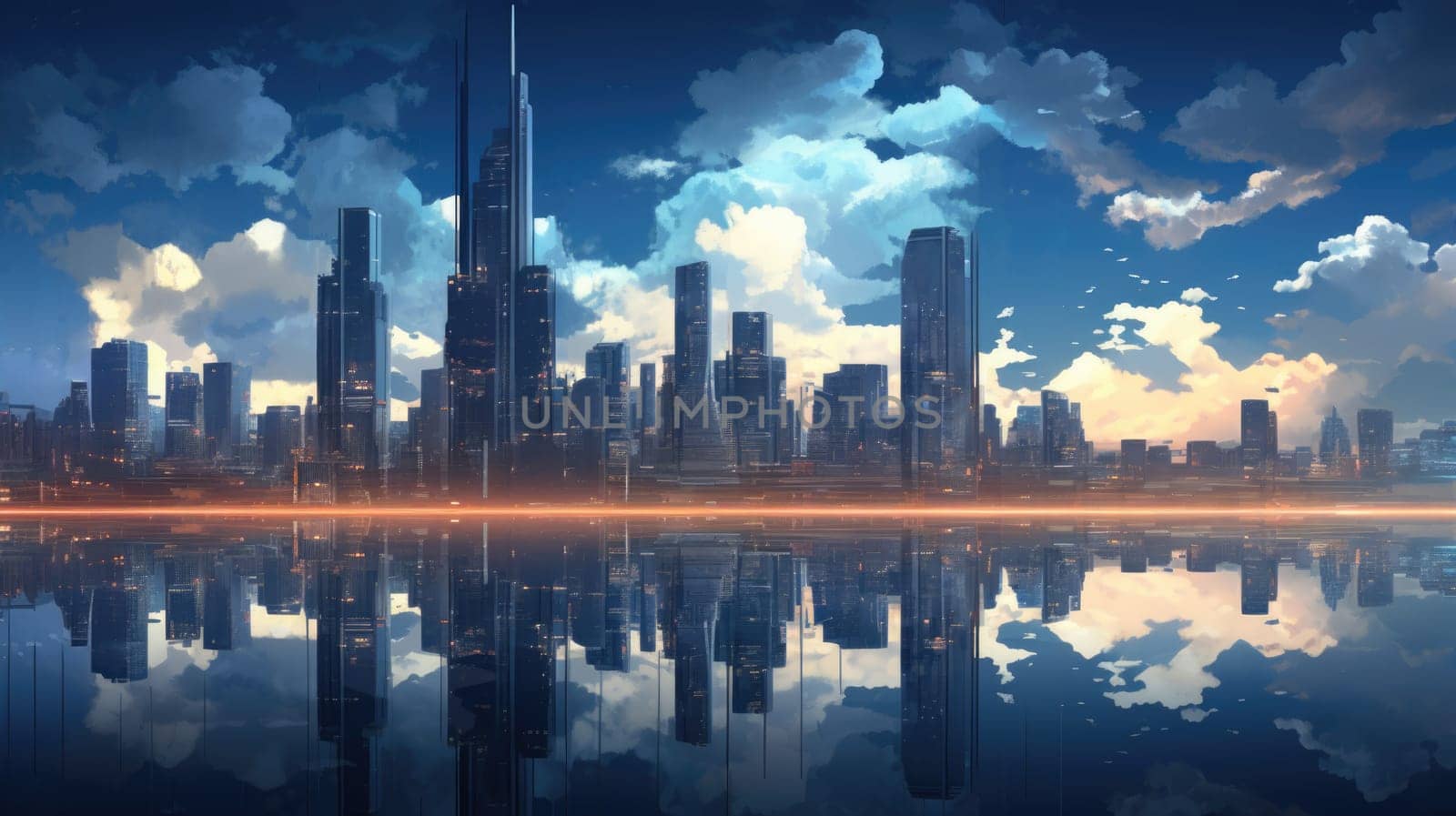Night big city with skyscrapers reflected in the water. Futuristic image of modern metropolis