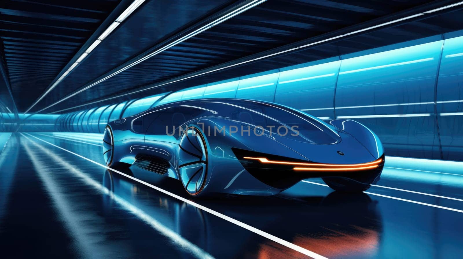 Futuristic fast car on the autobahn. Super blue car at speed