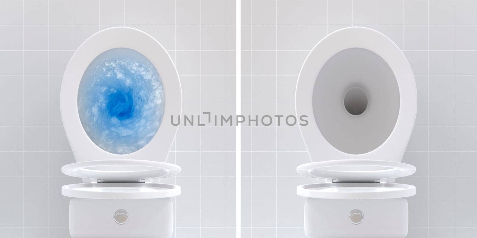 Top view of toilet bowl, blue detergent flushing in it and toilet bowl in the bathroom