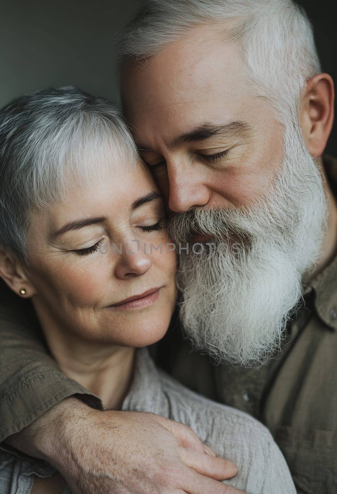 Two adults share a close embrace, exchanging a gentle, loving gaze indoors, highlighting their emotional connection.