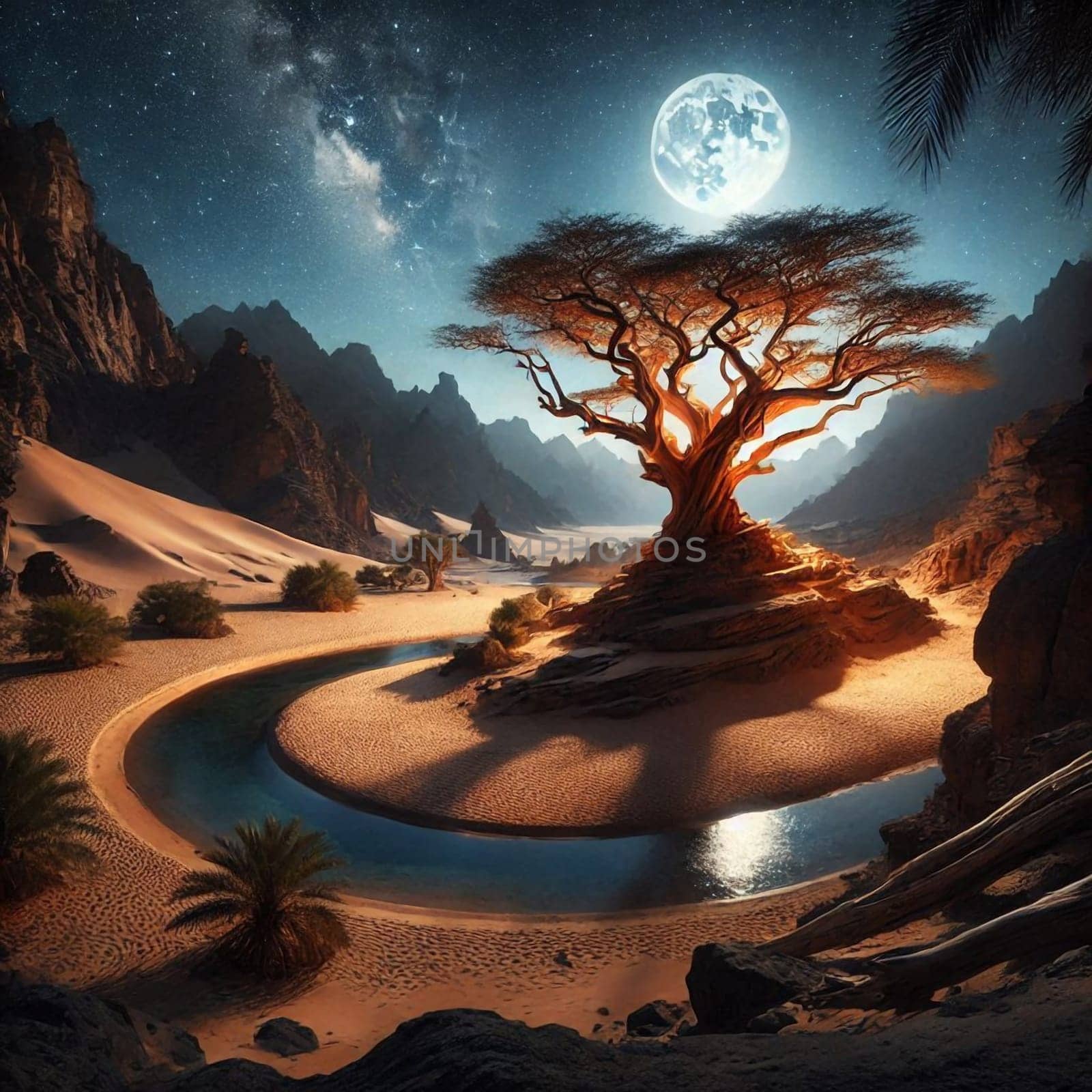 A large tree in a desert oasis at night under a full moon. A high-quality AI-generated photo.