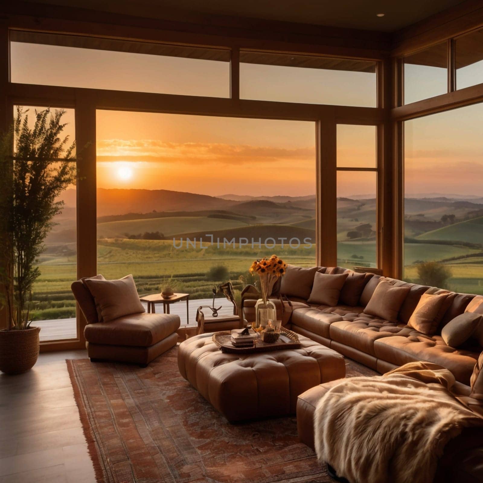 A modern living room with large windows overlooking a sunset landscape. A high-quality AI-generated photo.