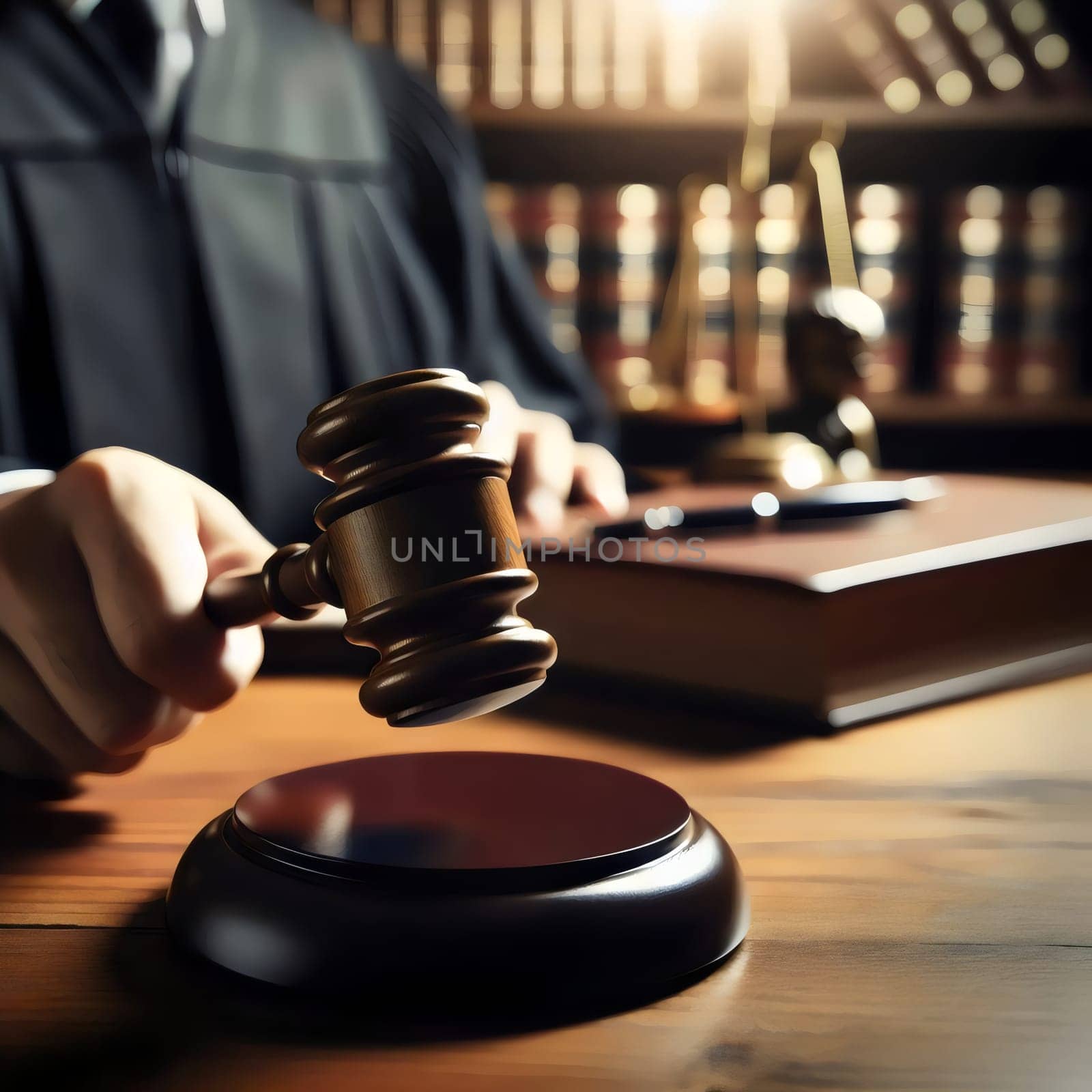A judge's hand holding a gavel in a courtroom setting. A high-quality AI-generated photo.