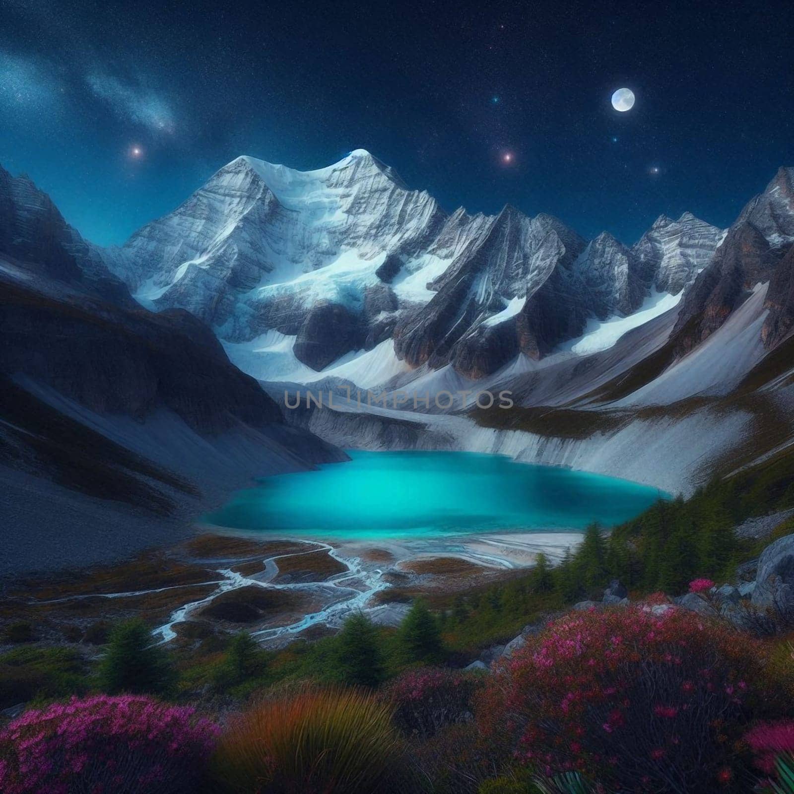 A turquoise lake nestled in a mountainous region at night under a starry sky. A high-quality AI-generated photo.