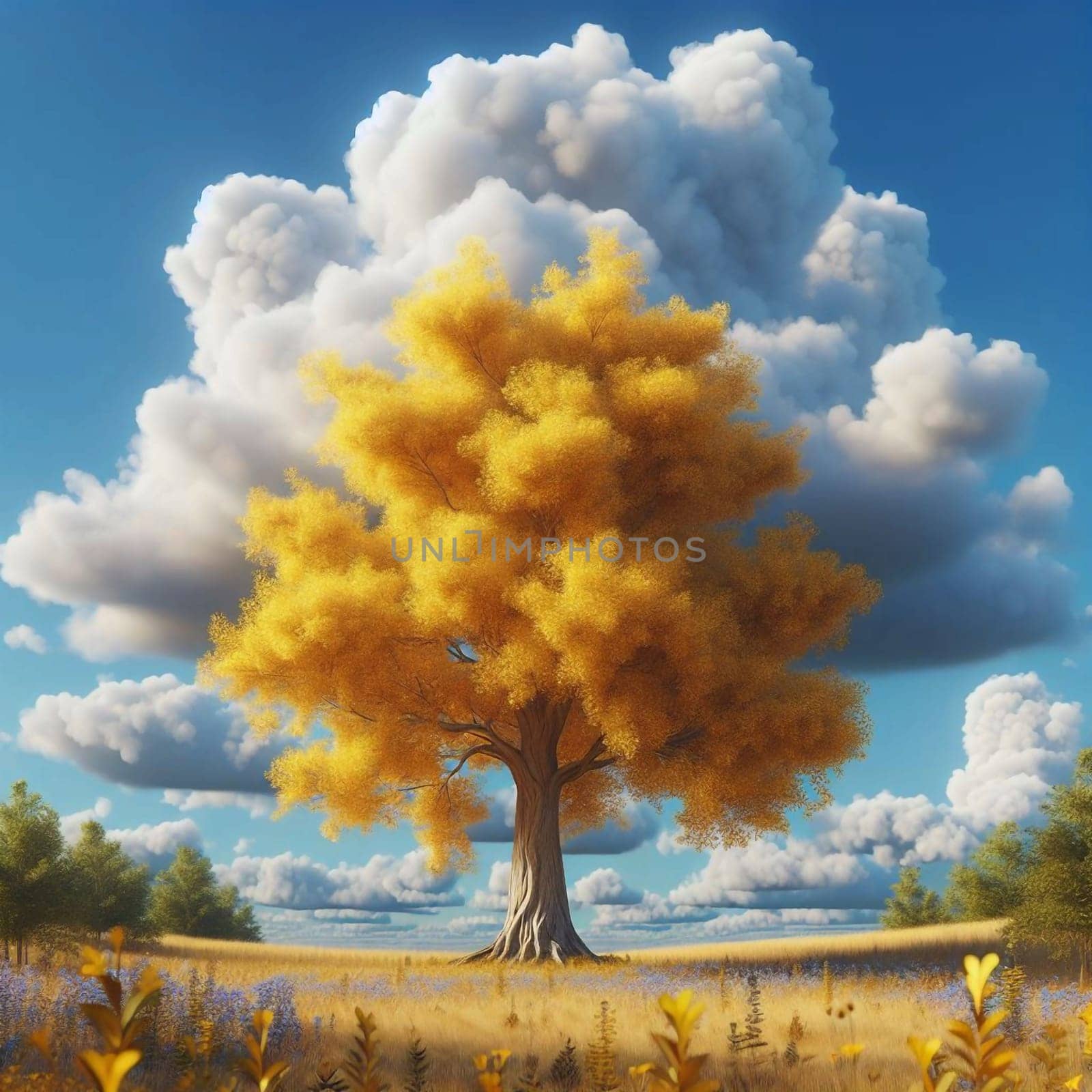 A large golden tree in a field under a dramatic sky. A high-quality AI-generated photo.