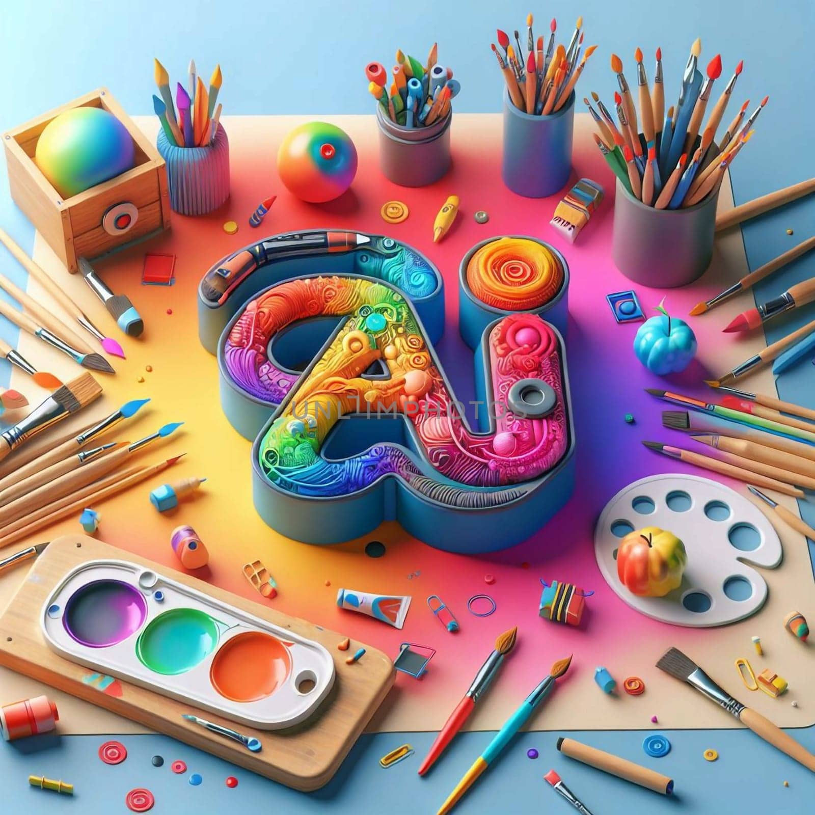 A 3D rendering of the letters Ai composed of colorful, swirling elements, surrounded by various art supplies. A high-quality AI-generated photo.