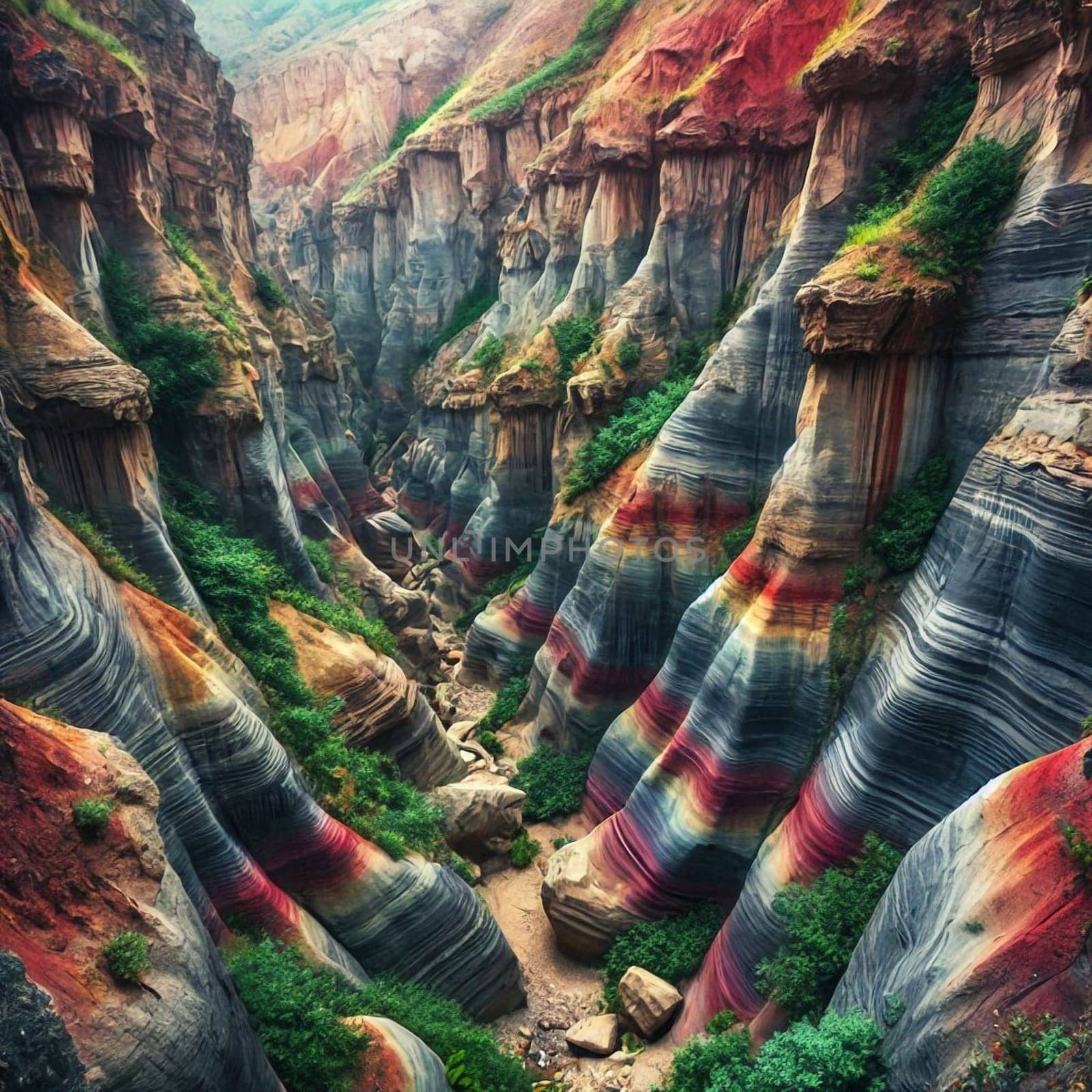 An aerial view of a colorful canyon with layered rock formations. A high-quality AI-generated photo.