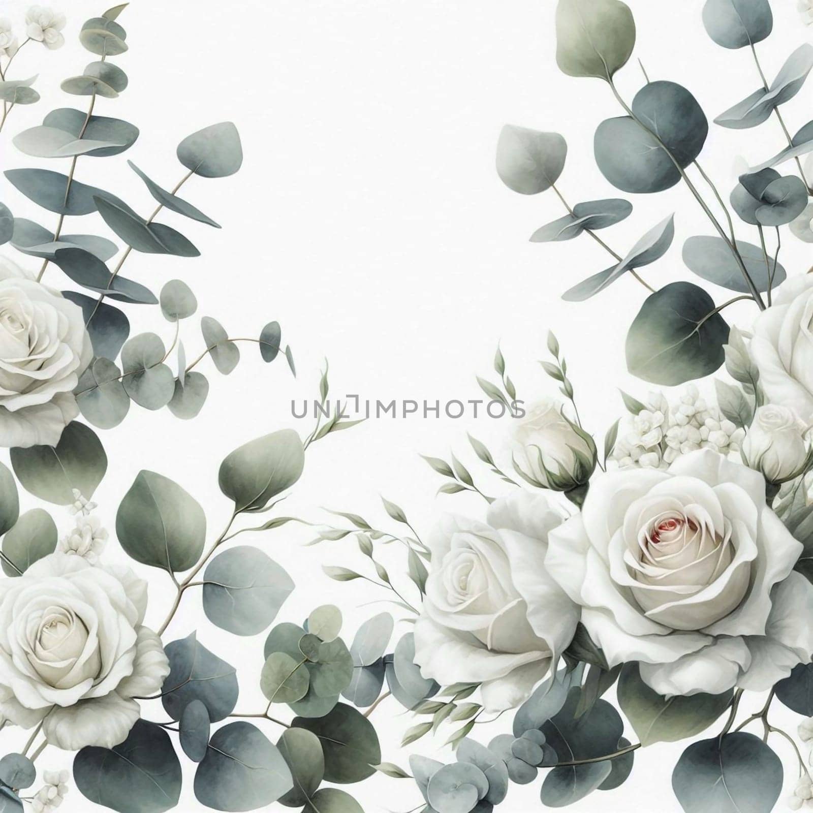 A floral arrangement featuring white roses and eucalyptus leaves on a white background. A high-quality AI-generated photo.