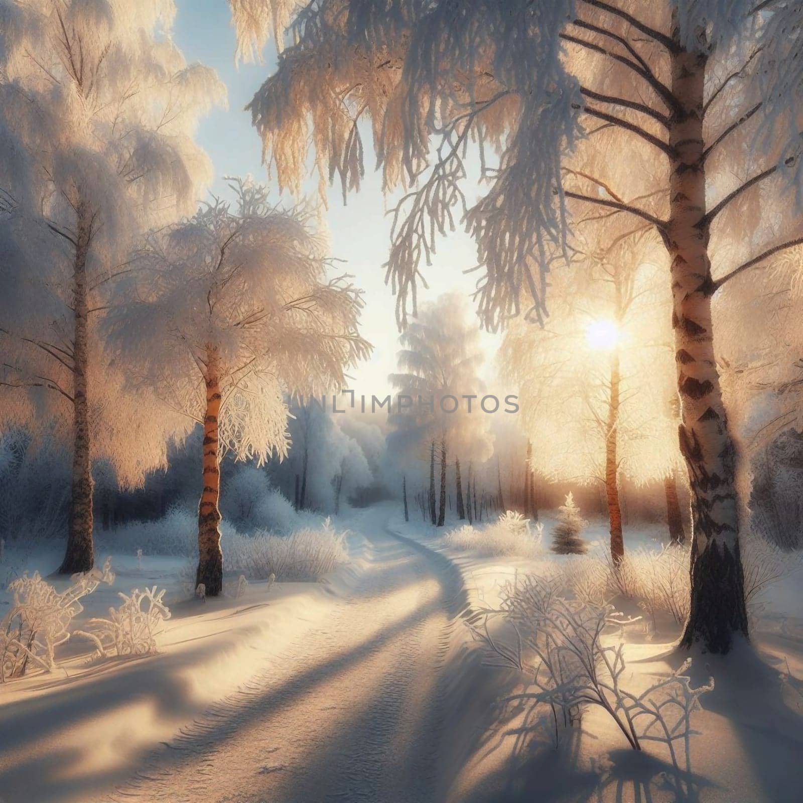 A snowy path through a winter forest at sunrise. A high-quality AI-generated photo.