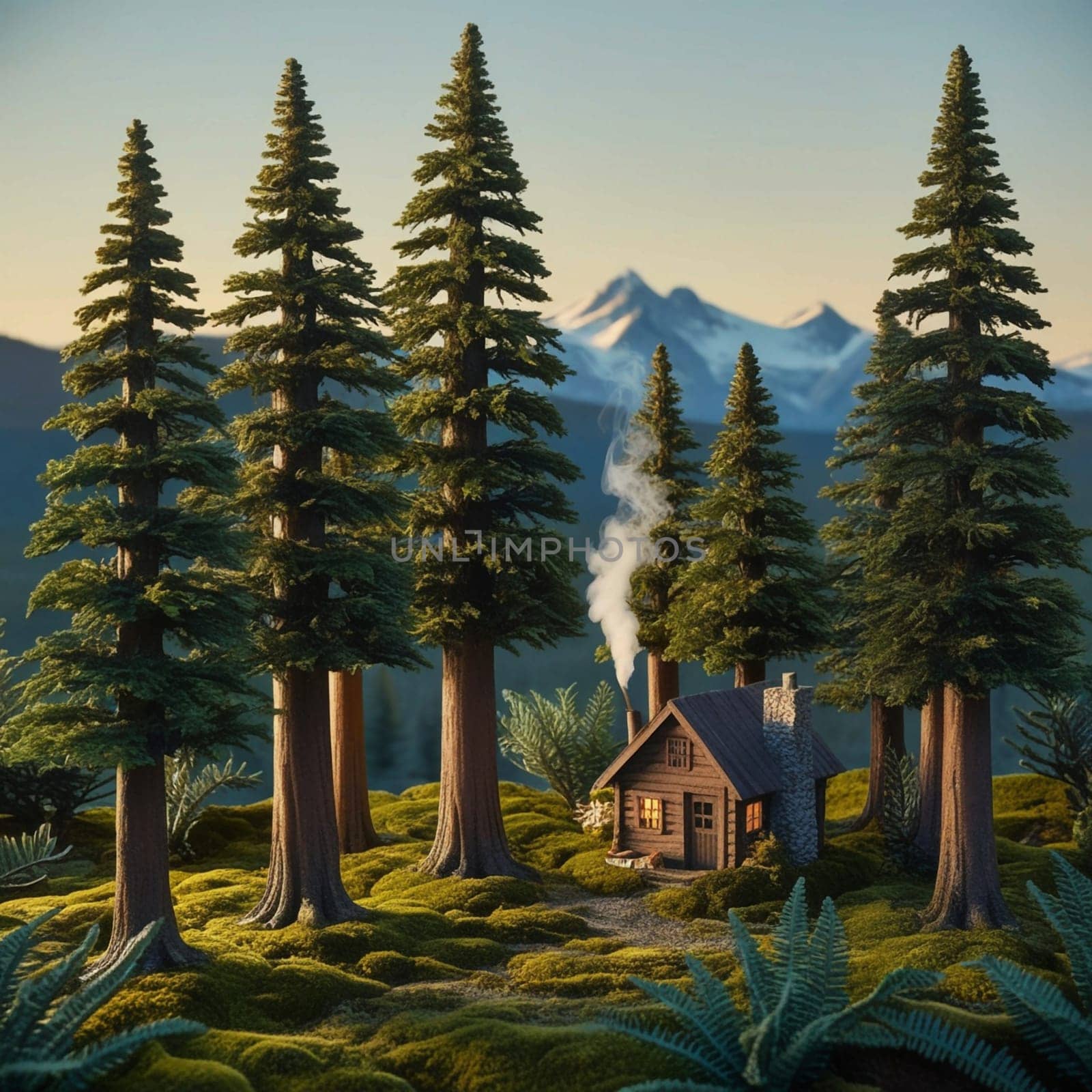 A miniature log cabin in a forest setting with mountains in the background. A high-quality AI-generated photo.