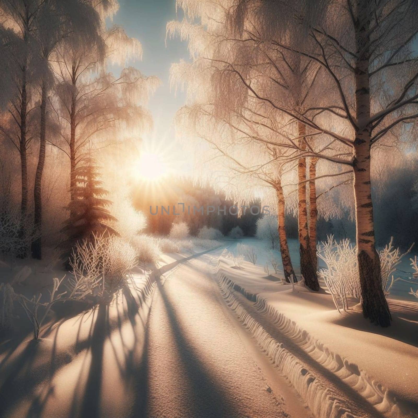 A snowy path winding through a frost covered birch forest. A high-quality AI-generated photo.