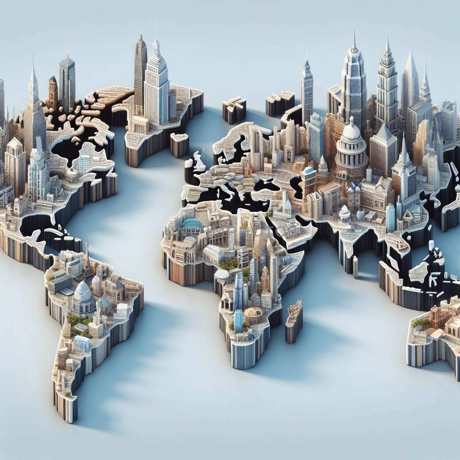 A 3D model of the world, constructed from buildings representing major cities. A high-quality AI-generated photo.