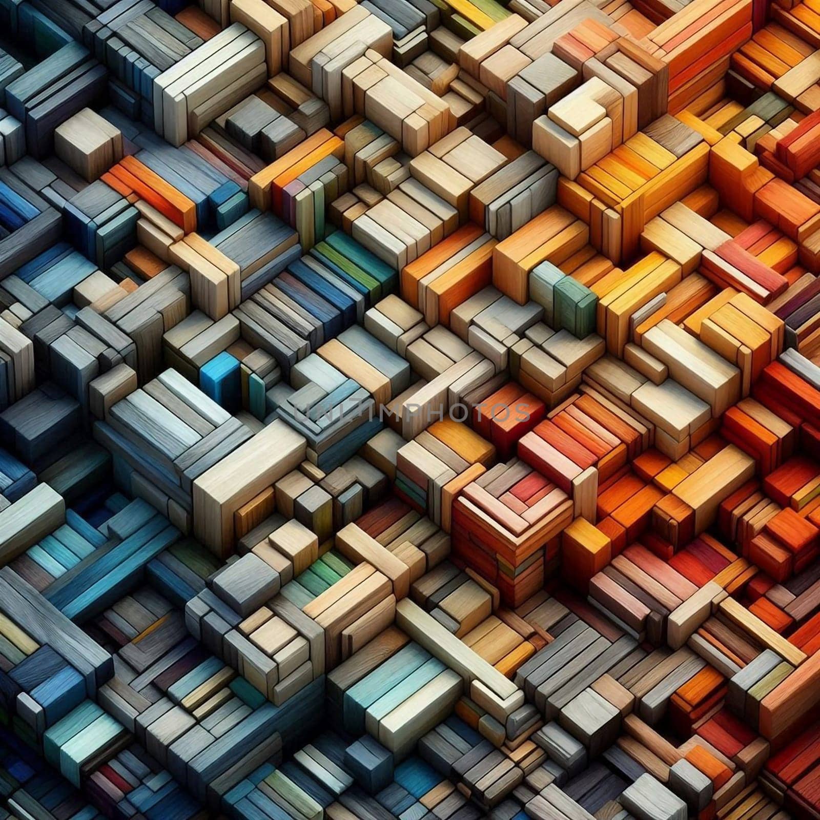An abstract pattern of colorful wooden blocks. A high-quality AI-generated photo.