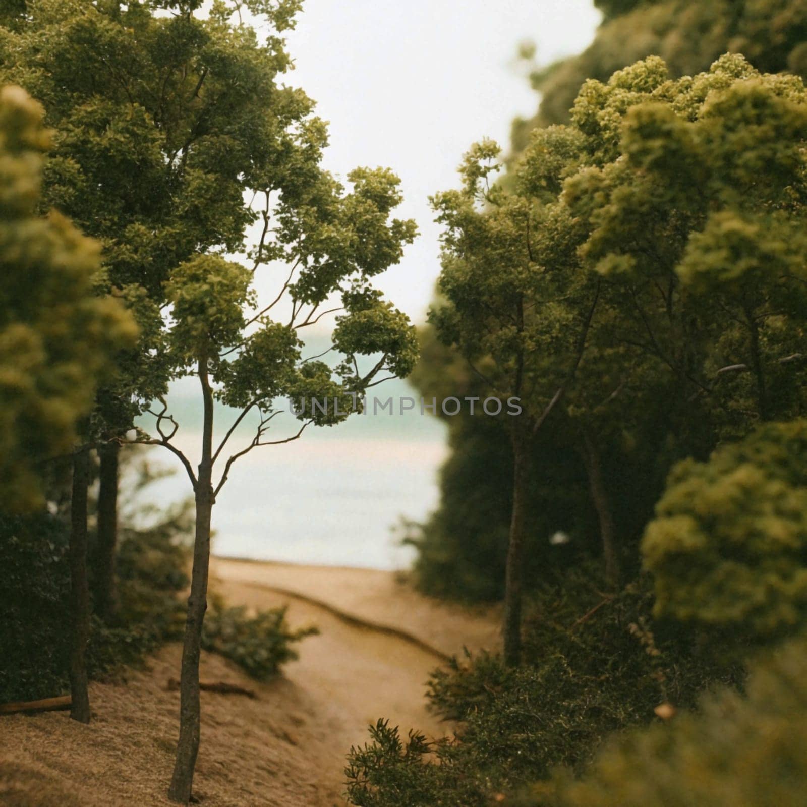 A miniature model of a path through a forest leading to a body of water. A high-quality AI-generated photo.